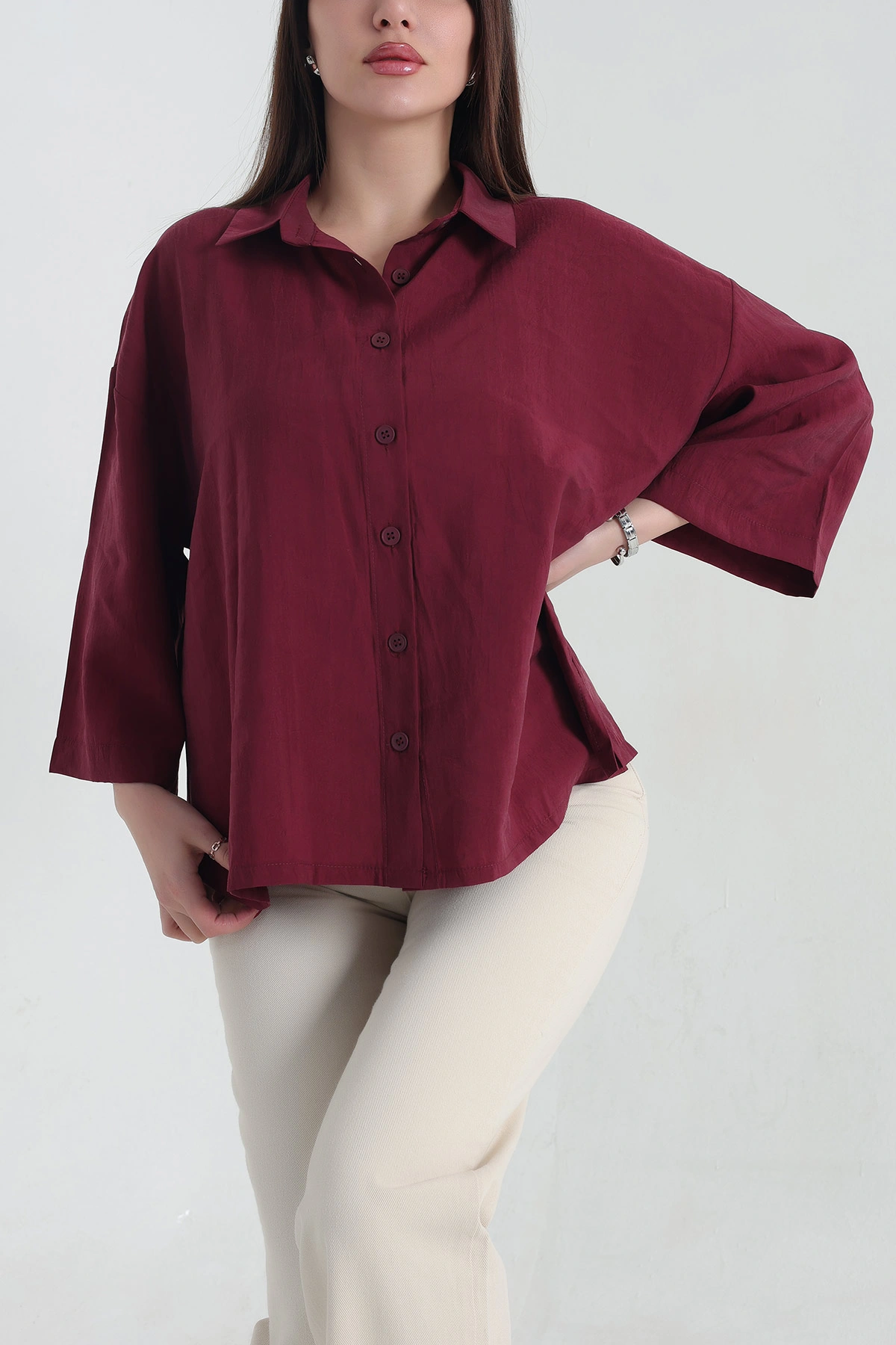 Bordo Kısa Kol Tencel Oversize Bayan Gömlek 337586
