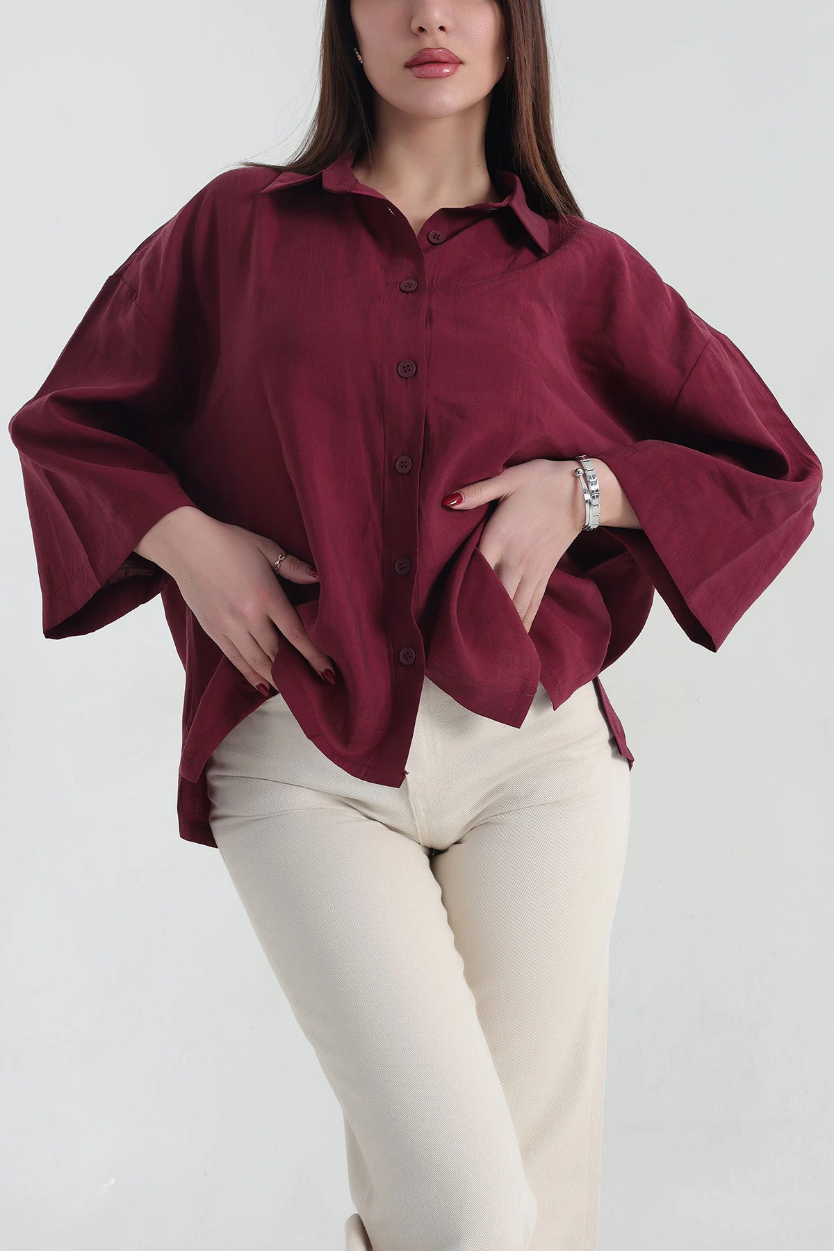 Bordo Kısa Kol Tencel Oversize Bayan Gömlek 337586