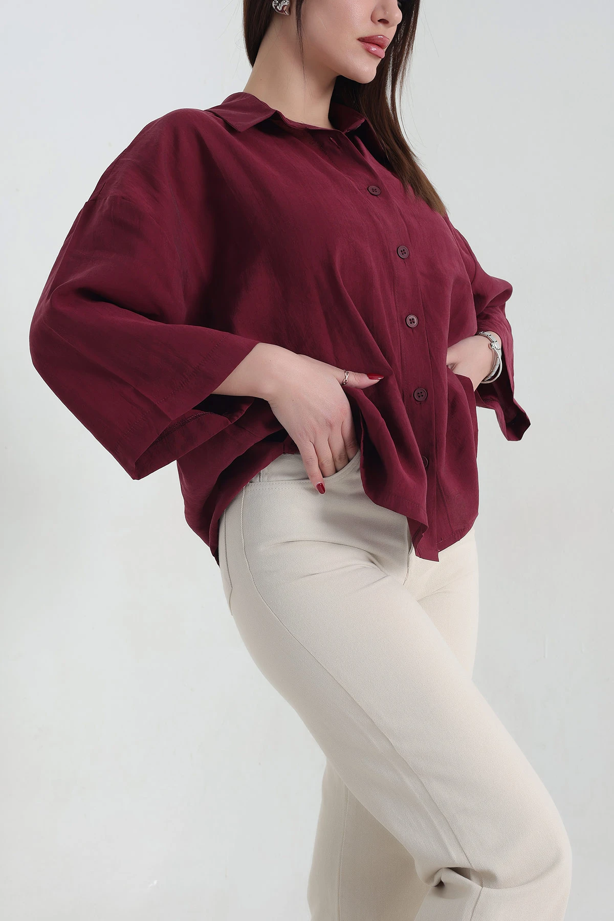 Bordo Kısa Kol Tencel Oversize Bayan Gömlek 337586