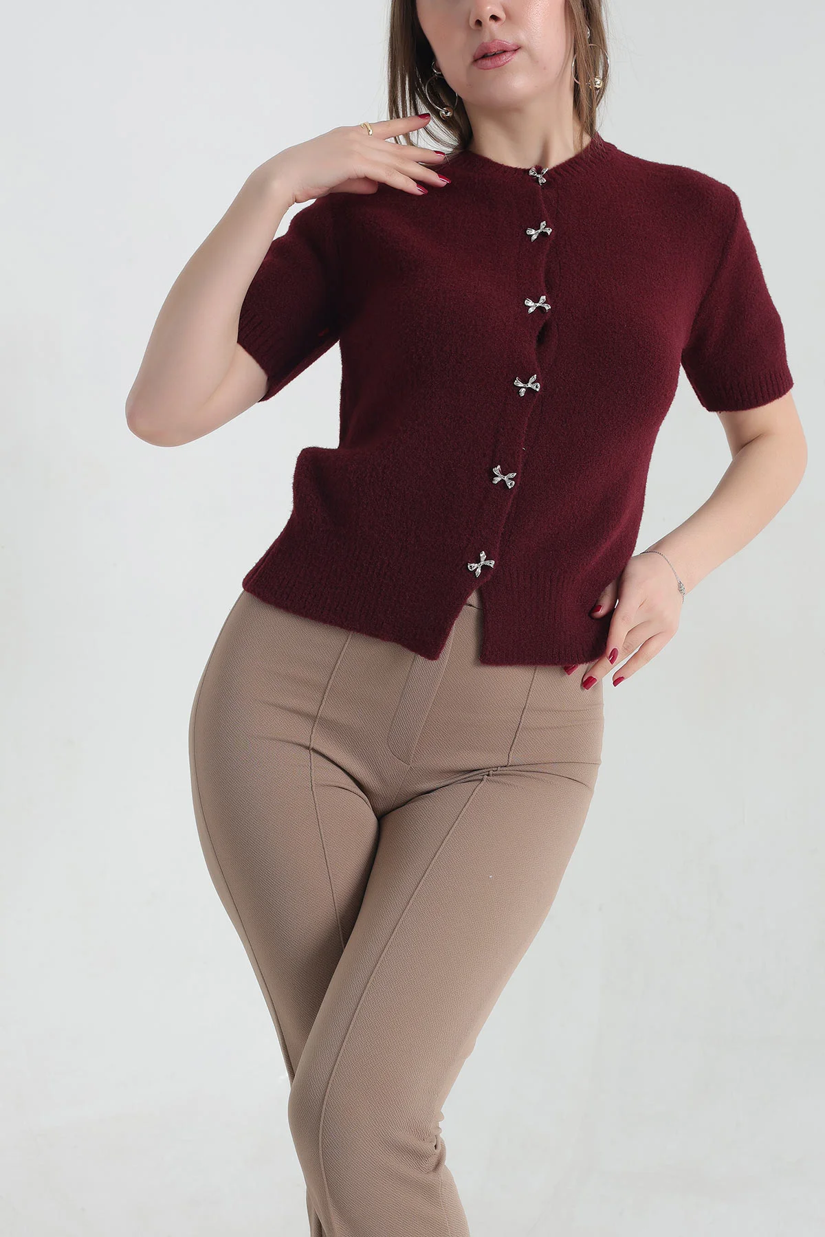 Bordo Kısa Kollu Triko Bluz 337438