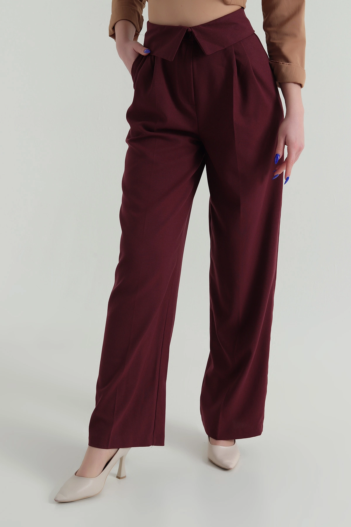 Bordo Kıvrık Bel Poliviskon Kadın Pantolon 425529