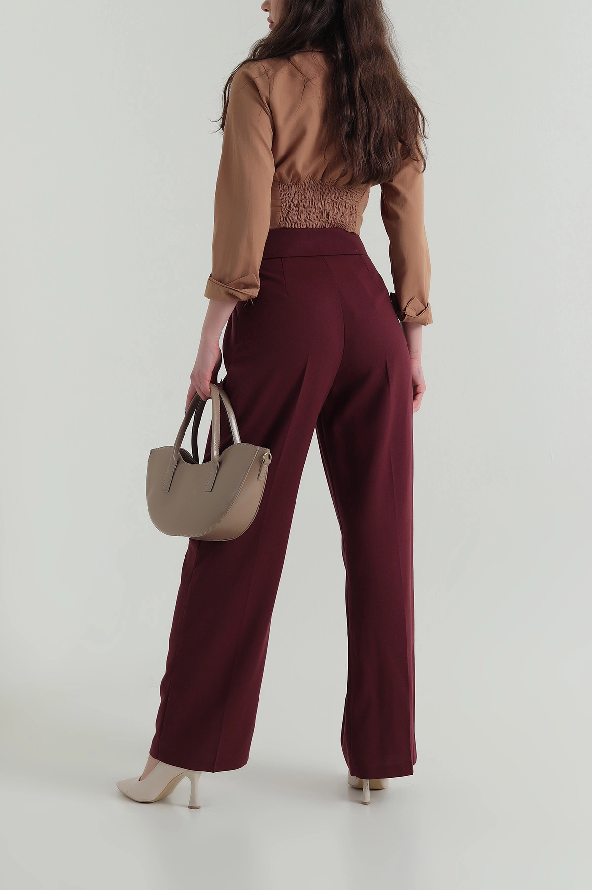 Bordo Kıvrık Bel Poliviskon Kadın Pantolon 425529