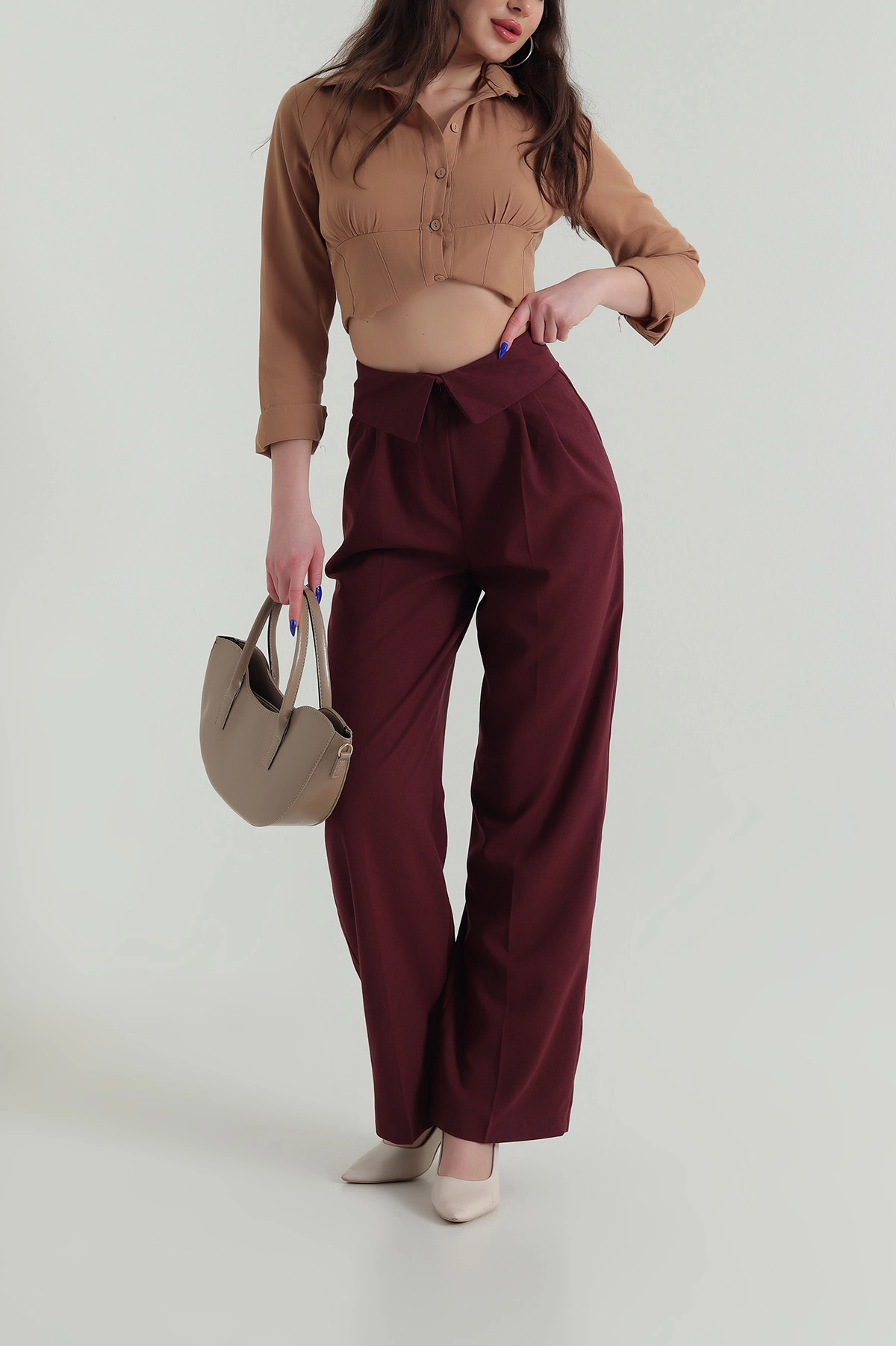 Bordo Kıvrık Bel Poliviskon Kadın Pantolon 425529