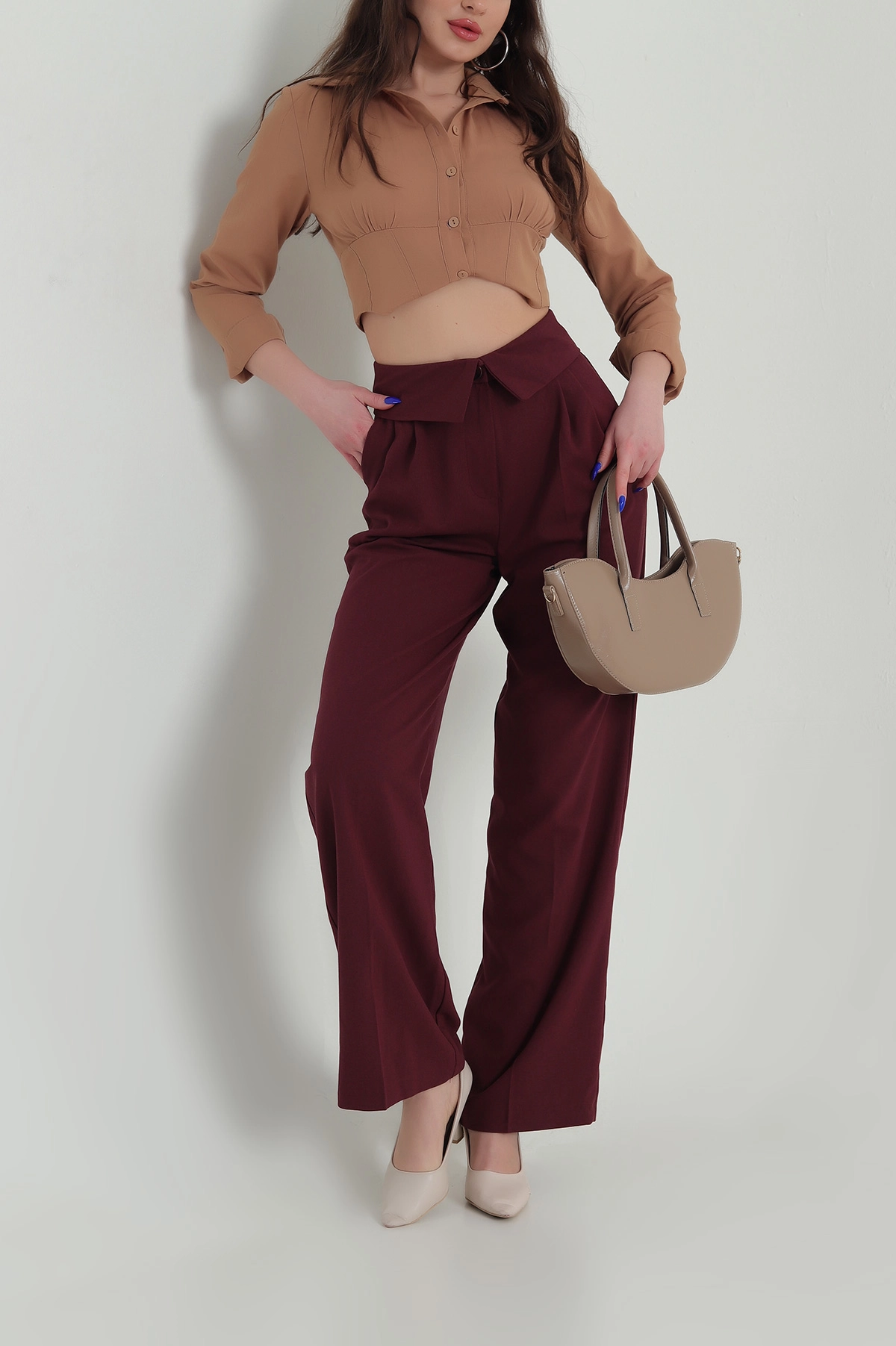 Bordo Kıvrık Bel Poliviskon Kadın Pantolon 425529