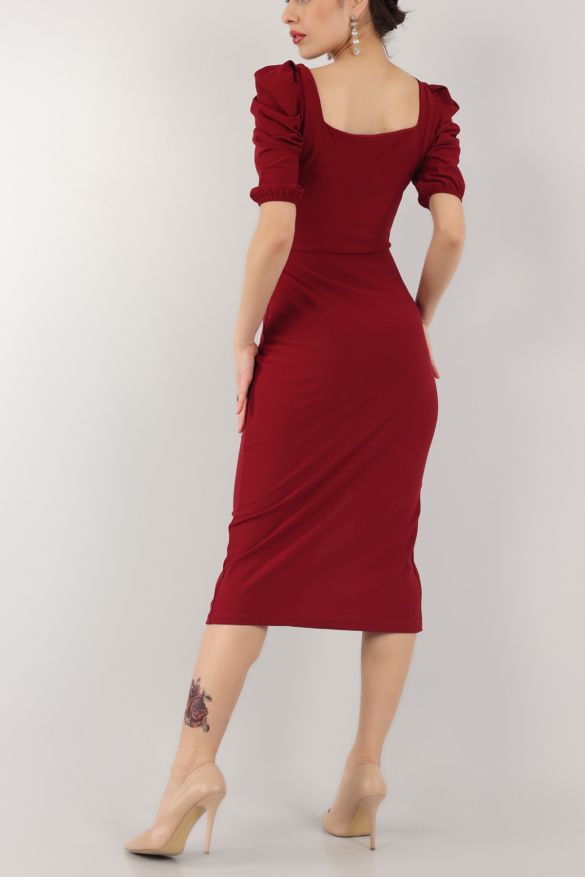 Bordo Kol Büzgülü Yırtmaçlı Elbise 153668