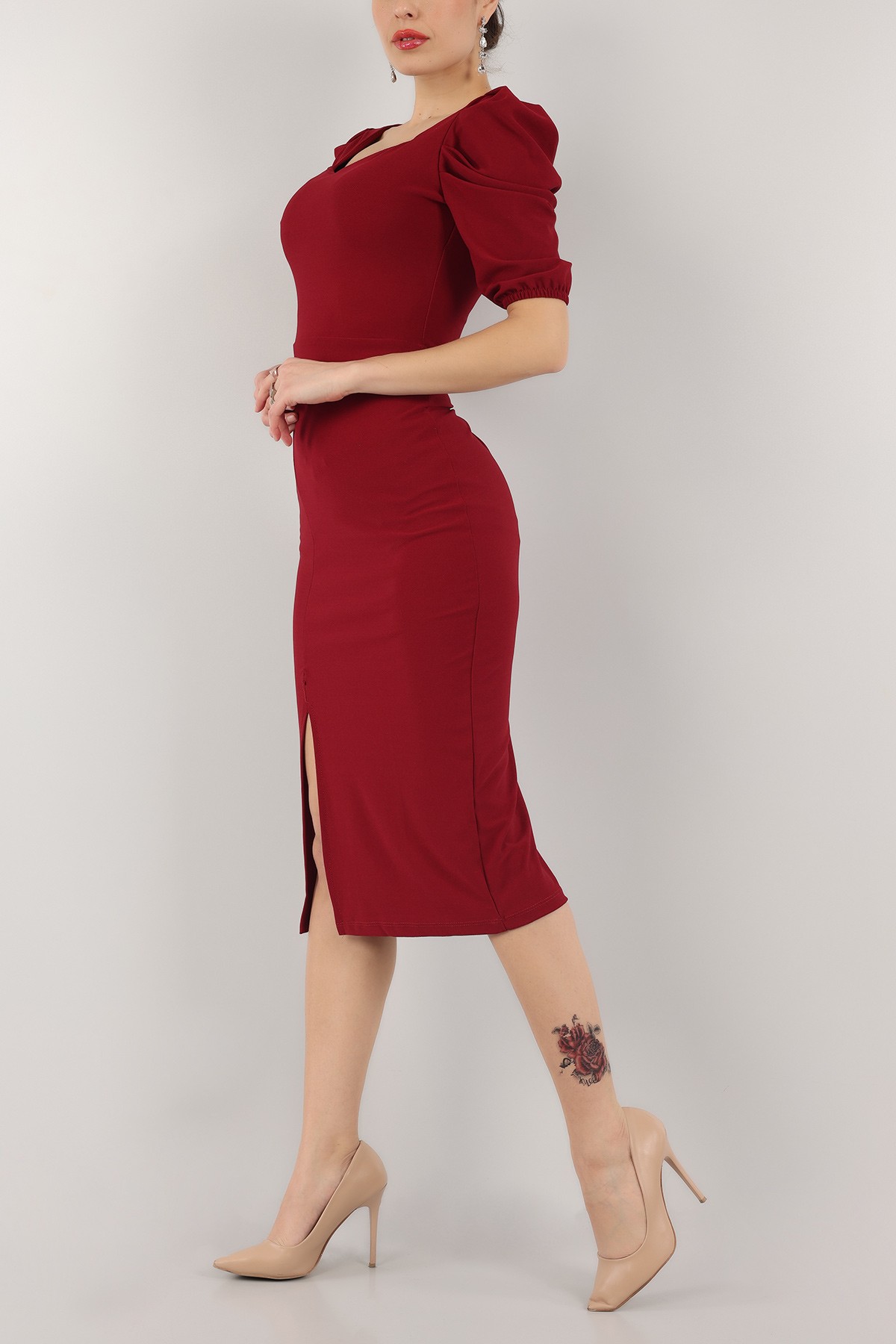 Bordo Kol Büzgülü Yırtmaçlı Elbise 153668