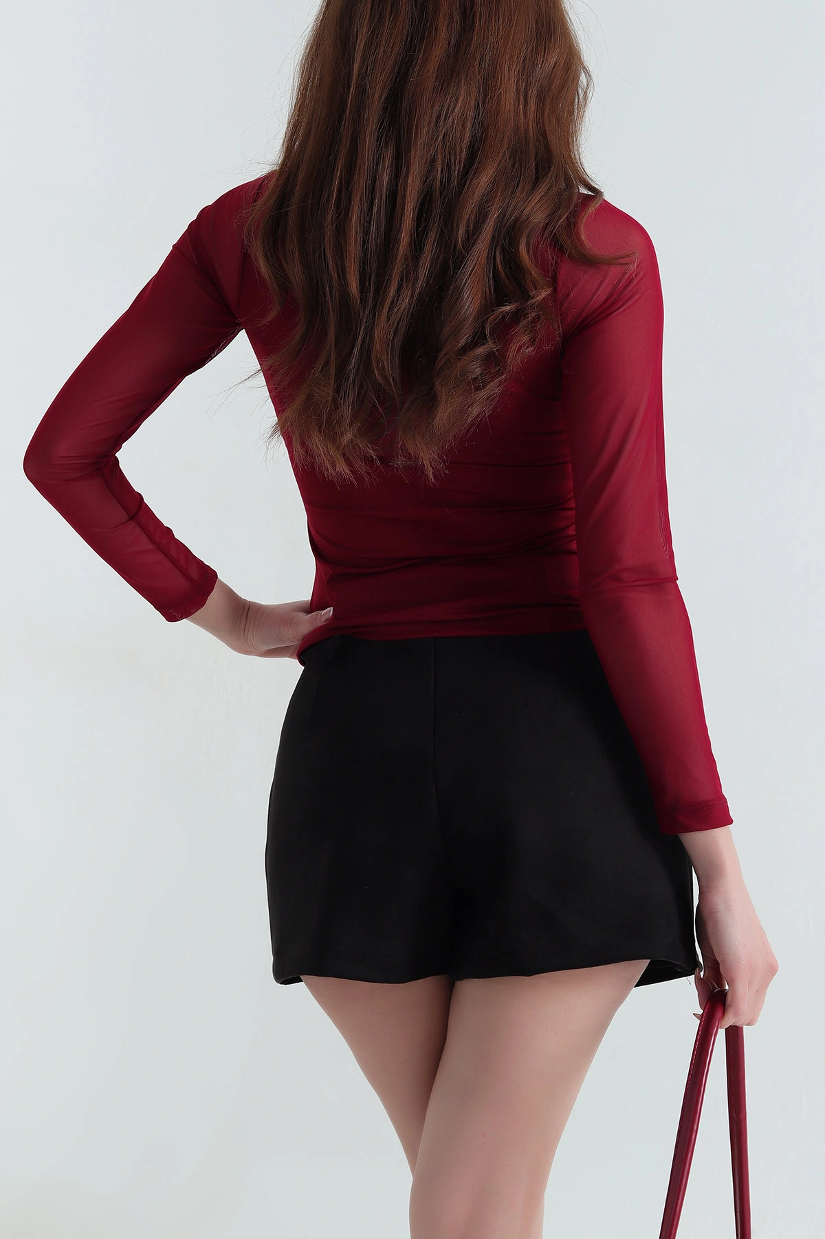 Bordo Kolları Tül Likralı Viskon Kadın Bluz 405441