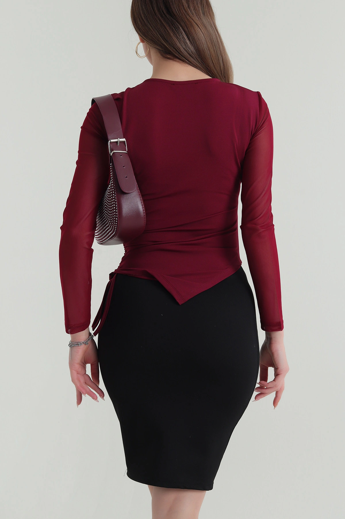 Bordo Kolları Tül Scuba Kadın Bluz 420202