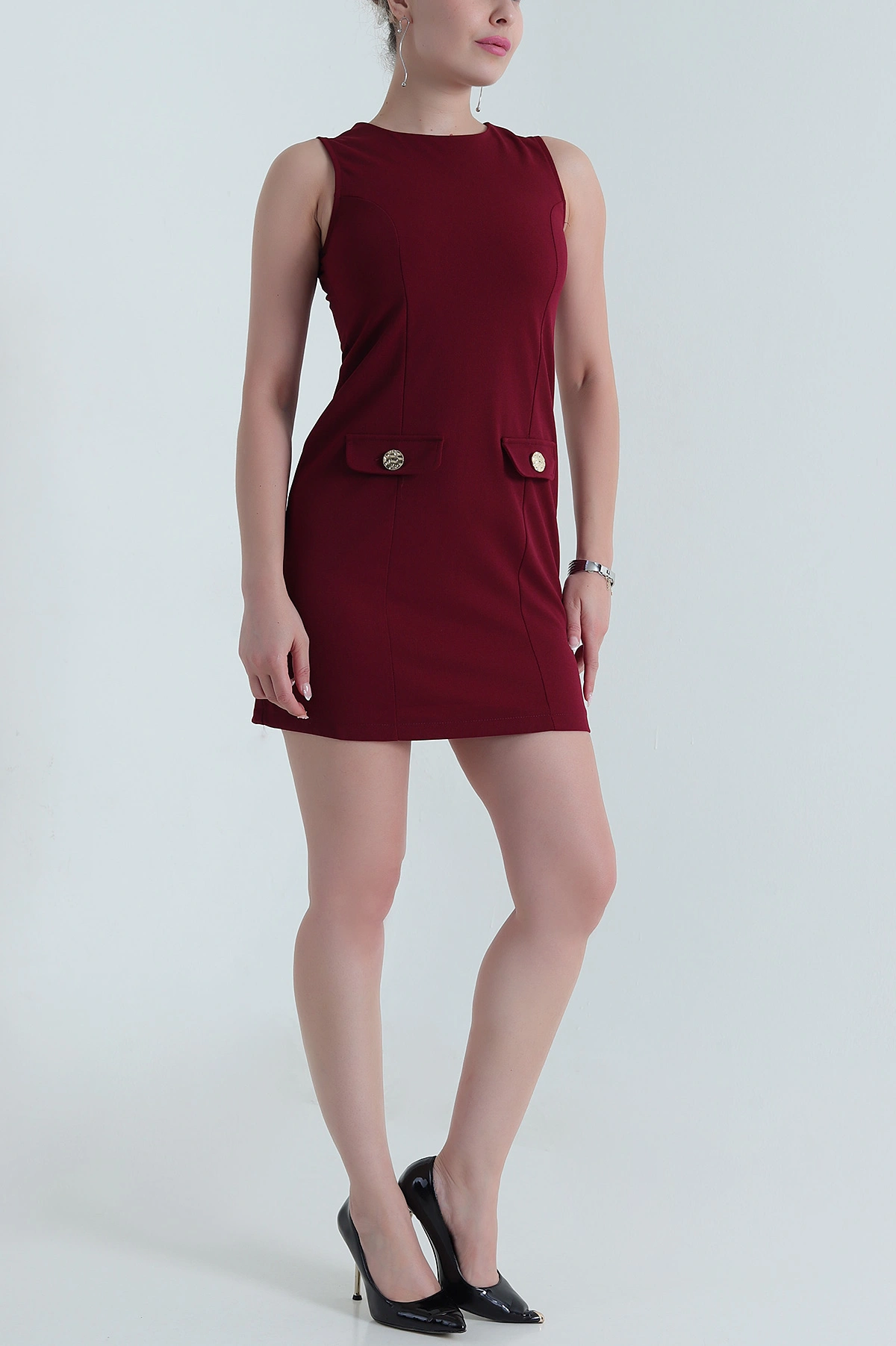 Bordo Kolsuz Crep Kadın Elbise 481208