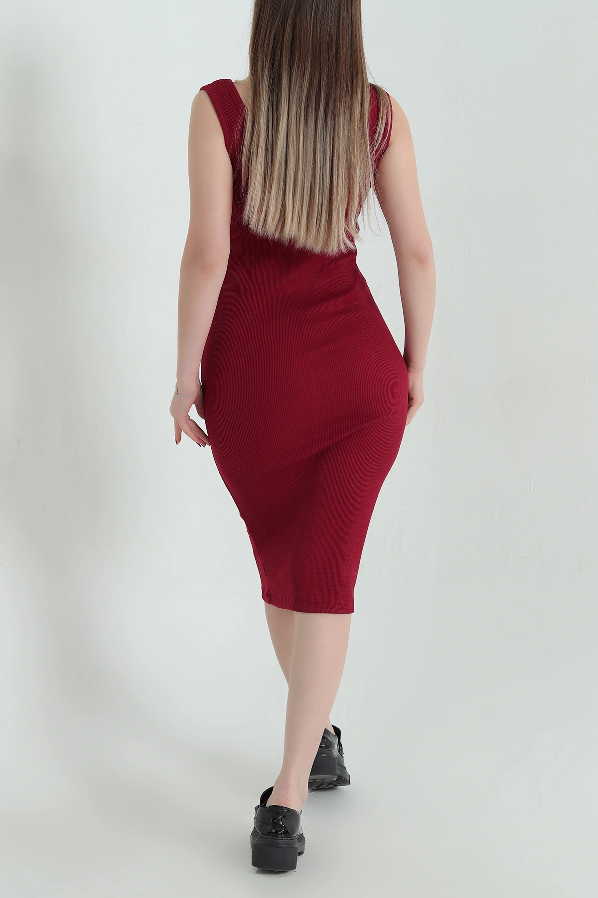 Bordo Kolsuz Fitilli Likralı Elbise 336779