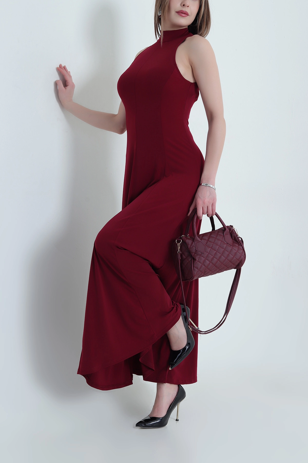 Bordo Kolsuz Likralı Sandy Kadın Elbise 439525