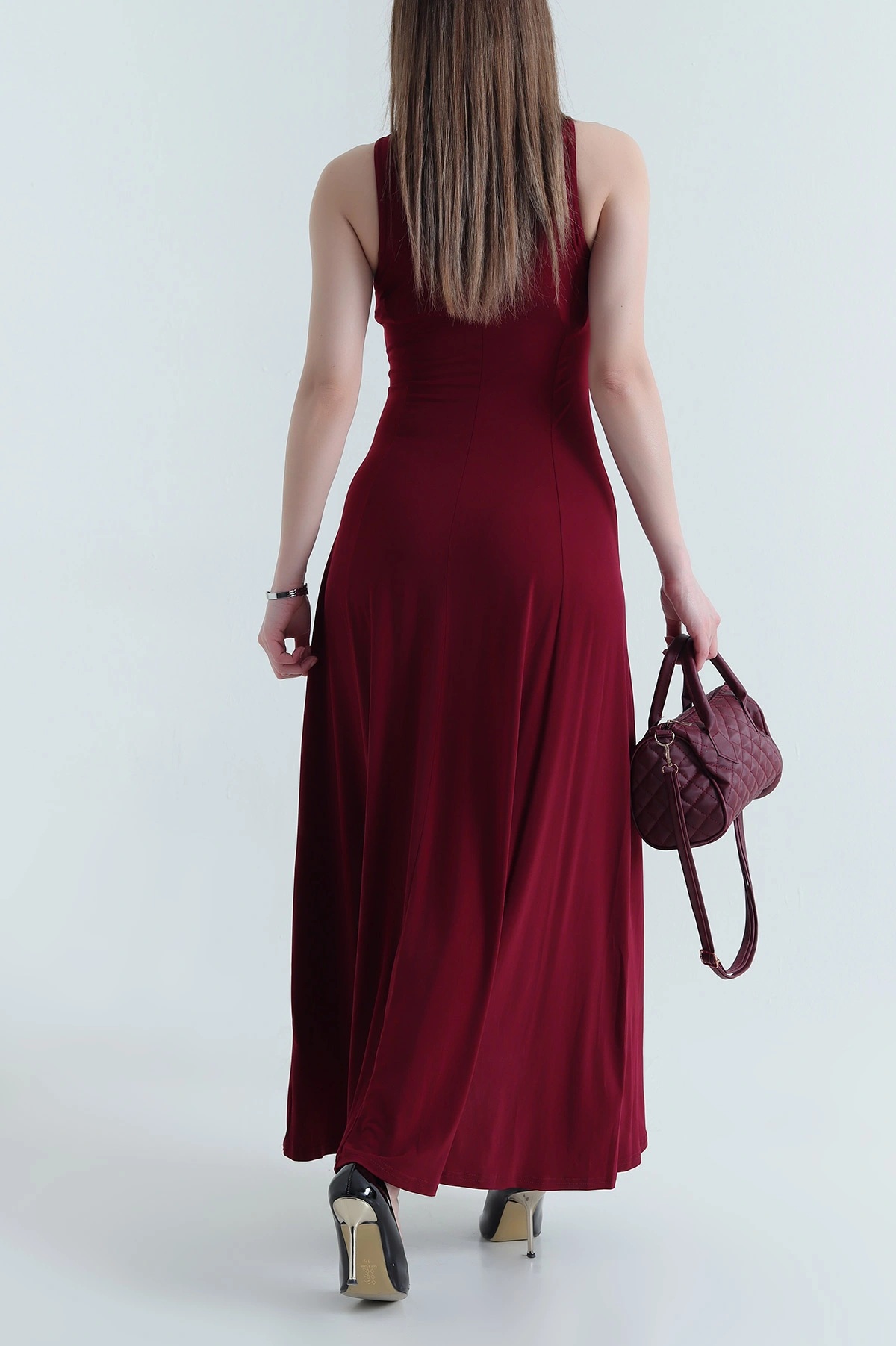 Bordo Kolsuz Likralı Sandy Kadın Elbise 439525
