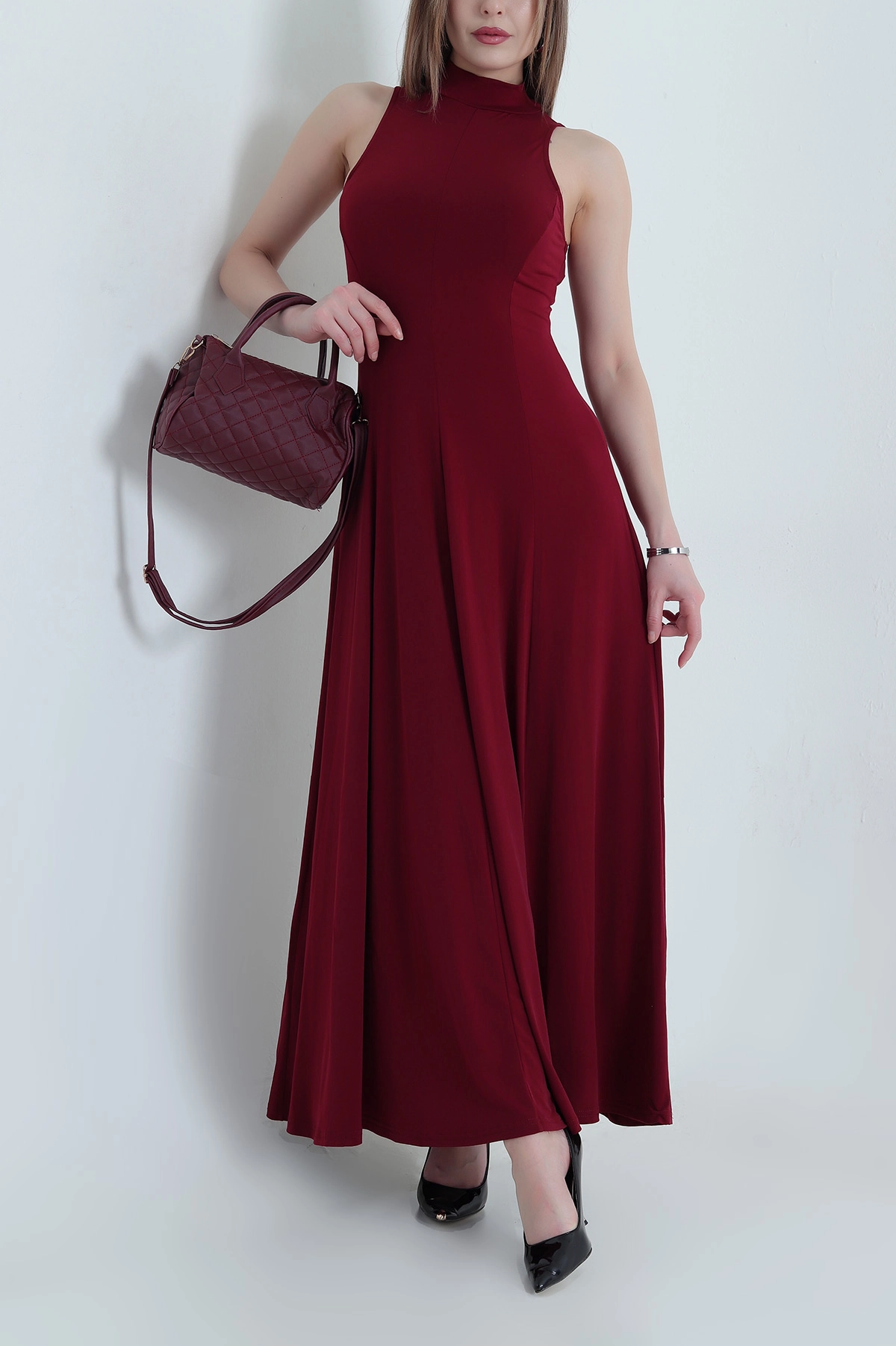 Bordo Kolsuz Likralı Sandy Kadın Elbise 439525