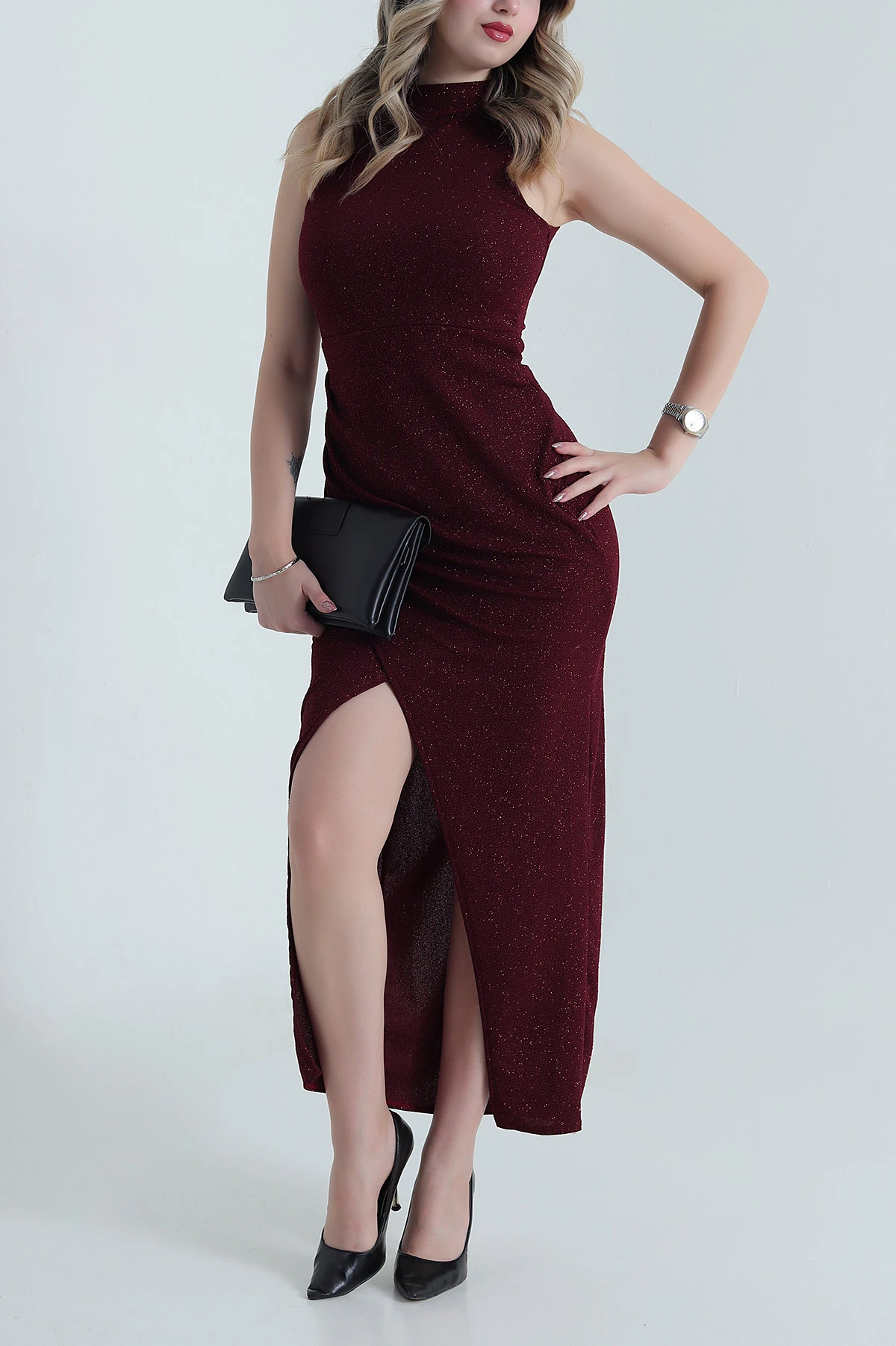 Bordo Kolsuz Simli Crep Kadın Abiye 479128
