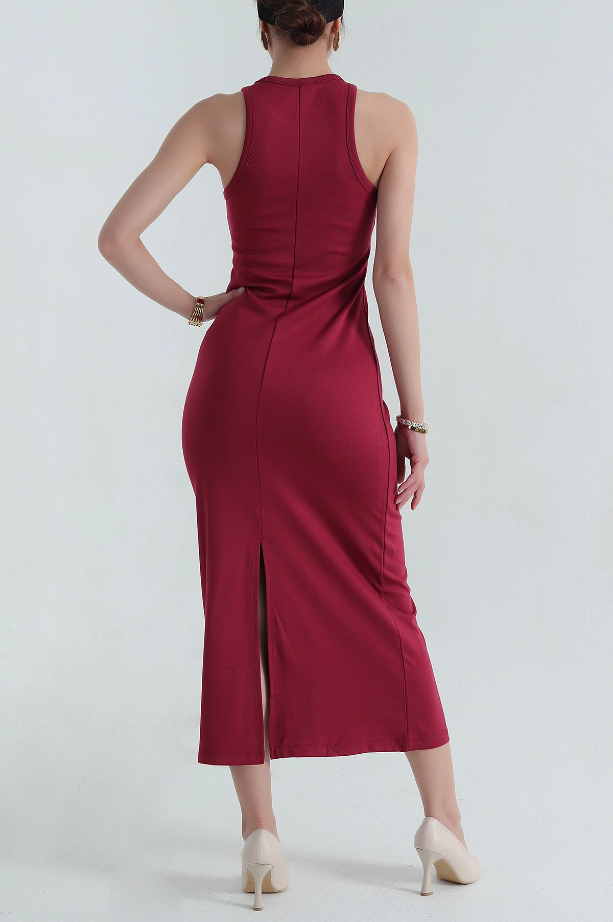 Bordo Kolsuz Yırtmaçlı Tasarım Likralı Çelik Örme Kadın Elbise 381308