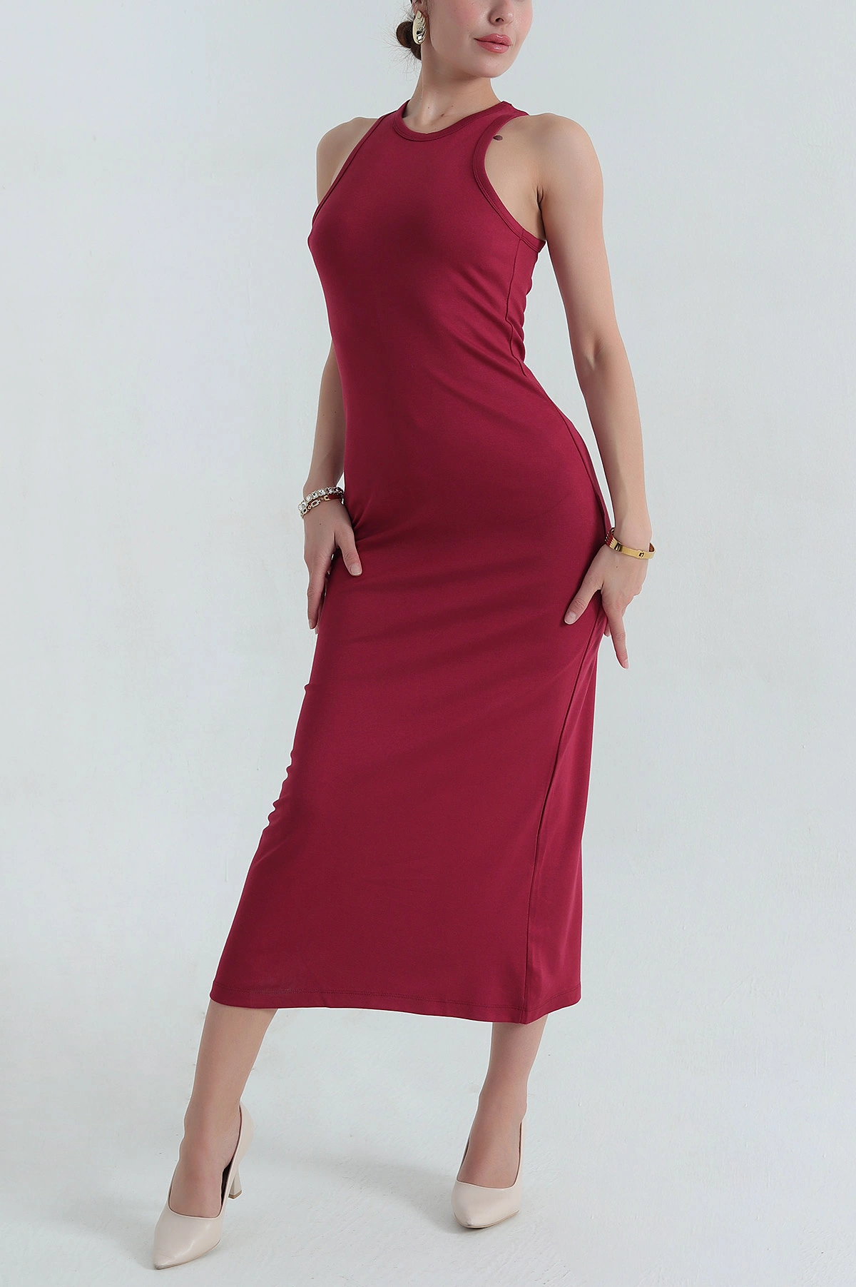 Bordo Kolsuz Yırtmaçlı Tasarım Likralı Çelik Örme Kadın Elbise 381308