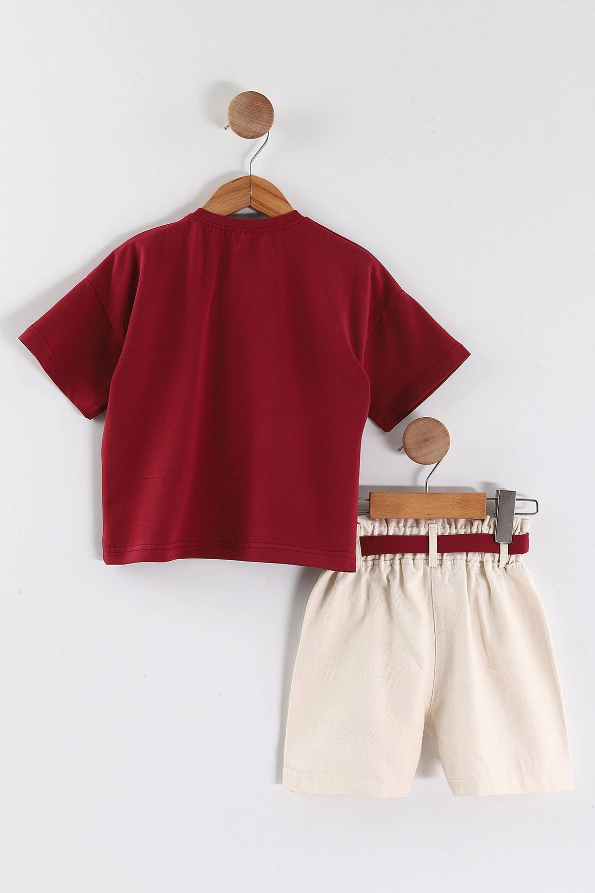 Bordo Krem (2-5 Yaş) Flowers Baskılı Süprem Tişörtlü Gabardin Şortlu Kız Çocuk Yazlık Takım 445910