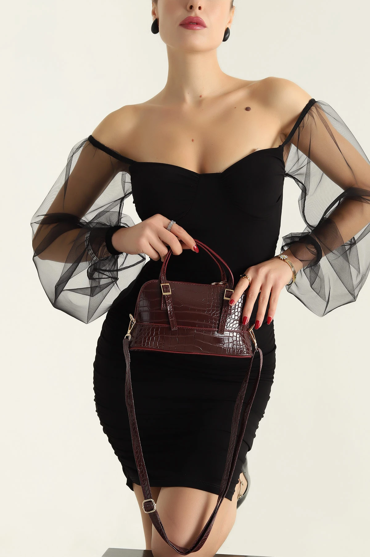 Bordo Kroko Desen Kadın El ve Omuz Çantası 306954