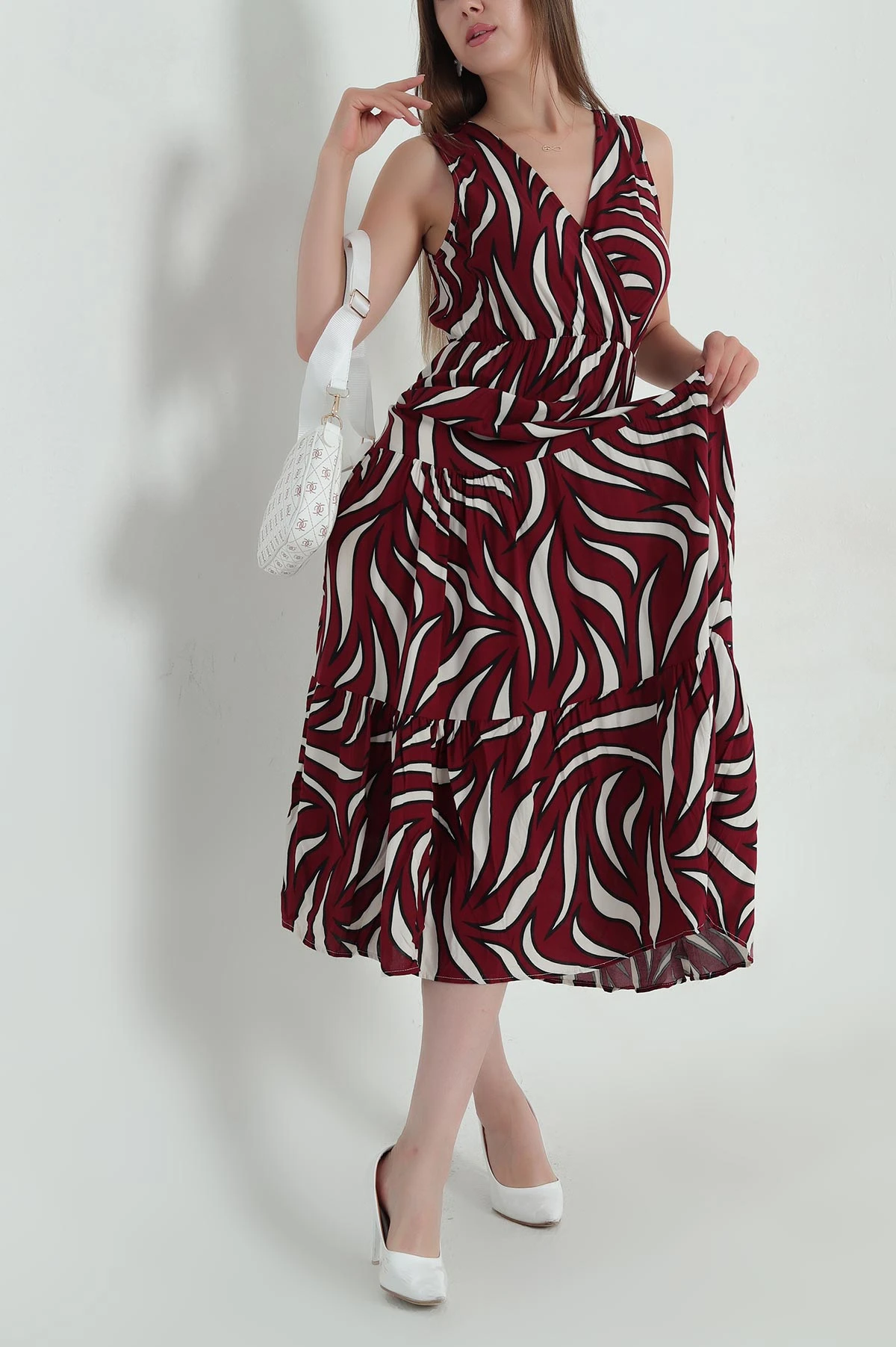 Bordo Kruvaze Yaka Bel Lastikli Dokuma Viskon Kadın Elbise 374154