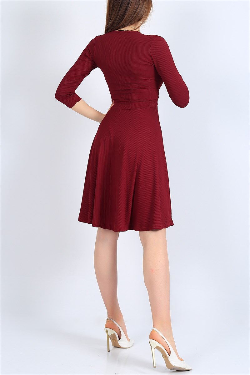 Bordo Kruvaze Yaka Fitilli Likralı Elbise 26706B