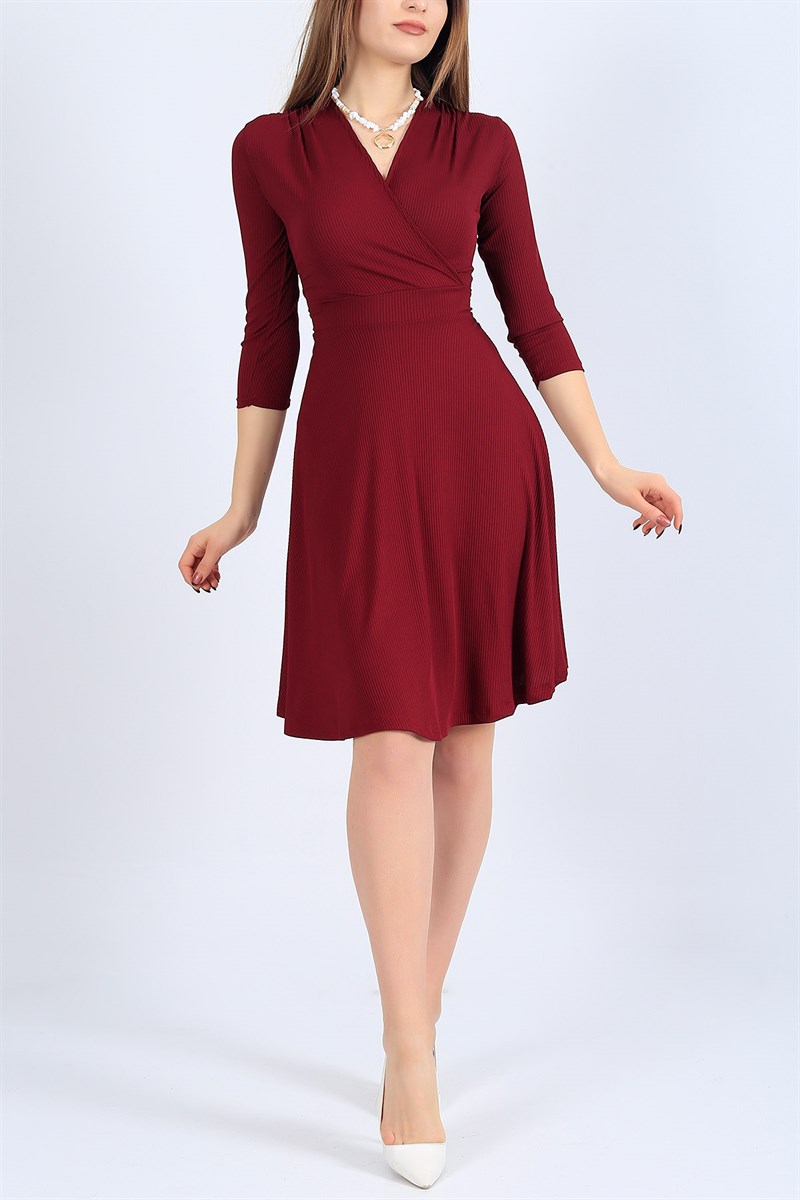 Bordo Kruvaze Yaka Fitilli Likralı Elbise 26706B