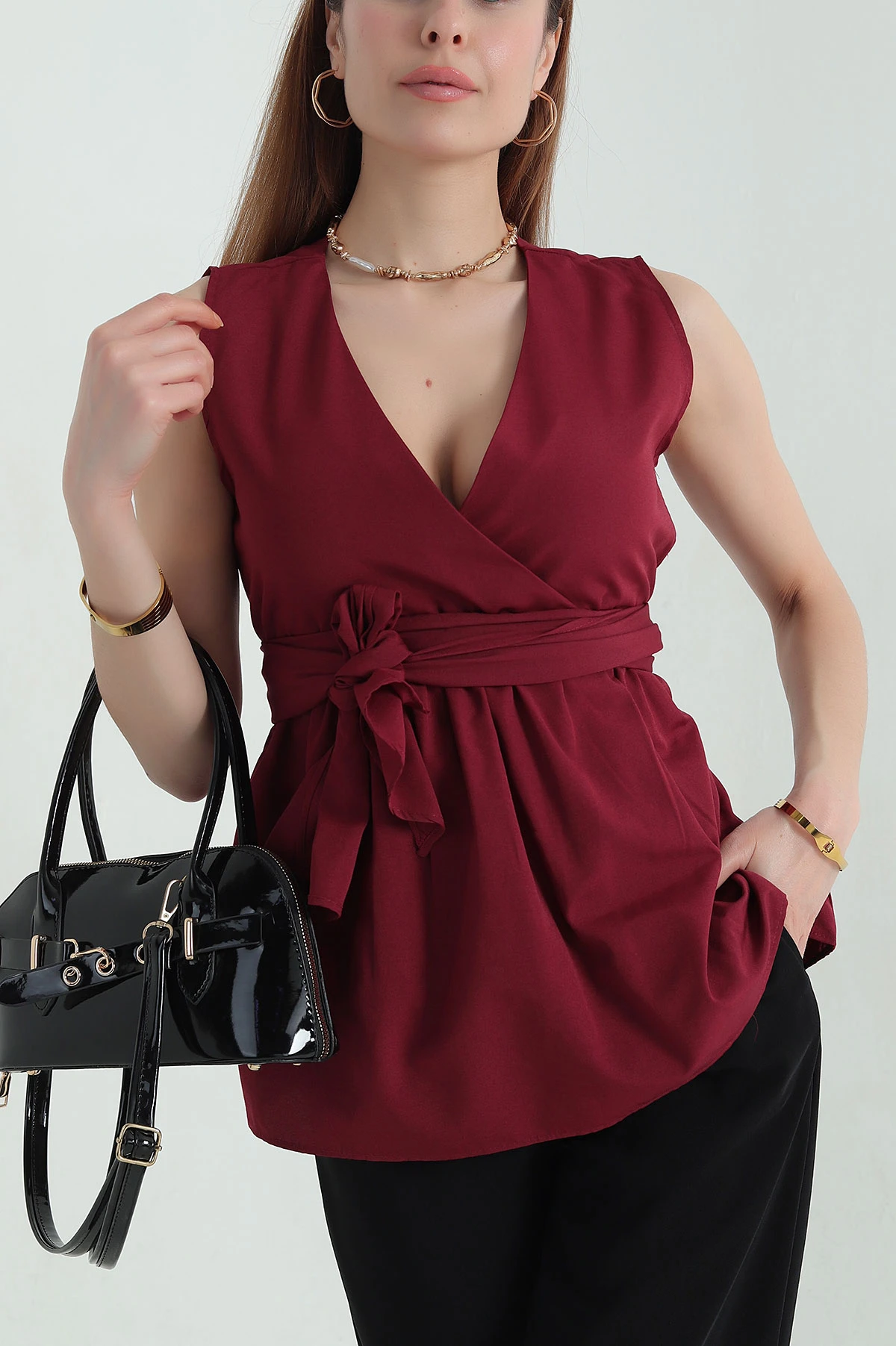 Bordo Kruvaze Yaka Poplin Bluz 360867