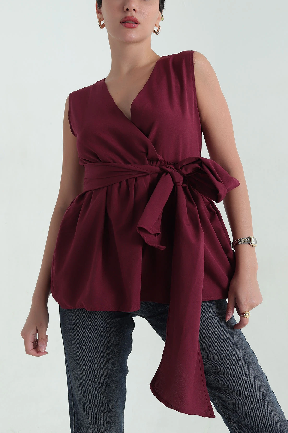 Bordo Kruvaze Yaka Poplin Bluz 368089
