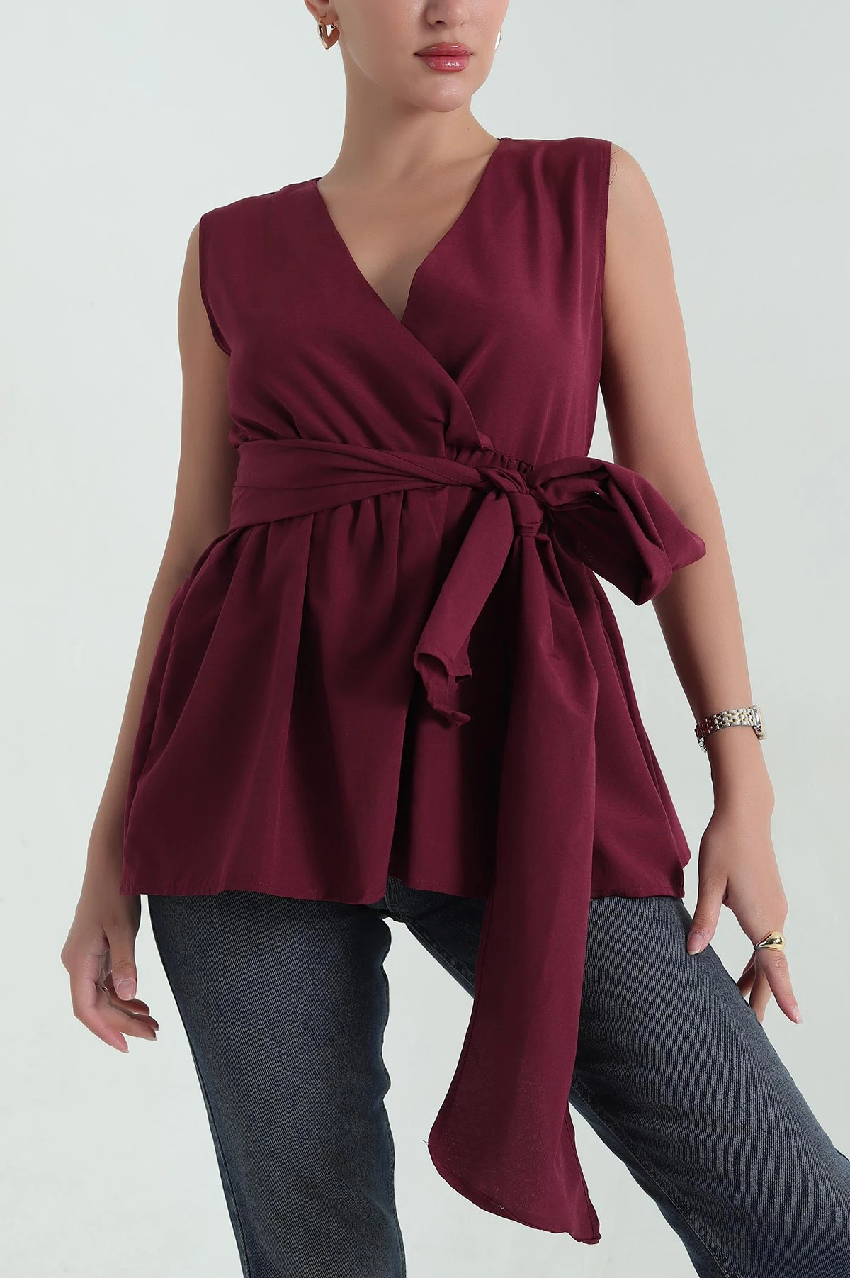 Bordo Kruvaze Yaka Poplin Bluz 368089