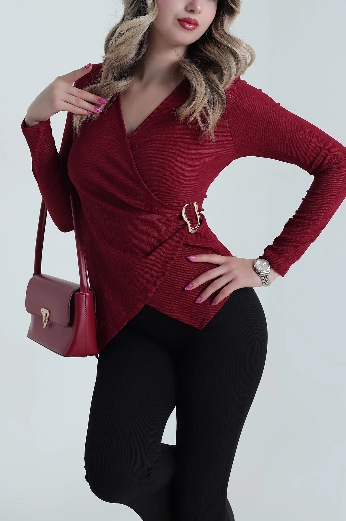 Bordo Kruvaze Yaka Tokalı Kadın Bluz 482850