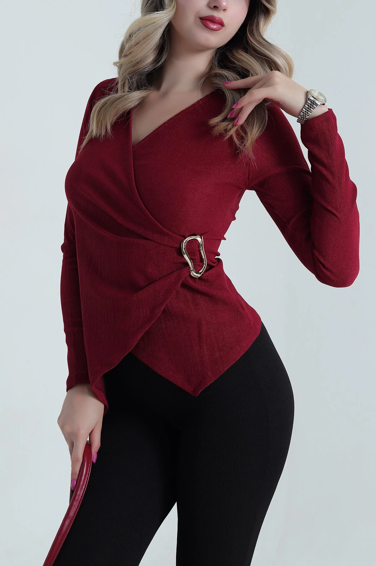 Bordo Kruvaze Yaka Tokalı Kadın Bluz 482850