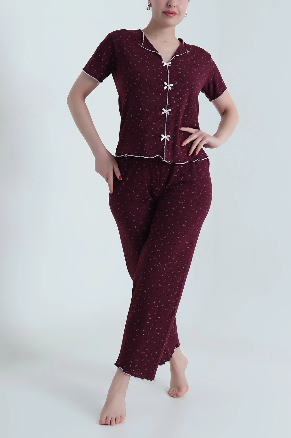 Bordo Kurdela Tasarım Kadın Pijama Takımı 467879