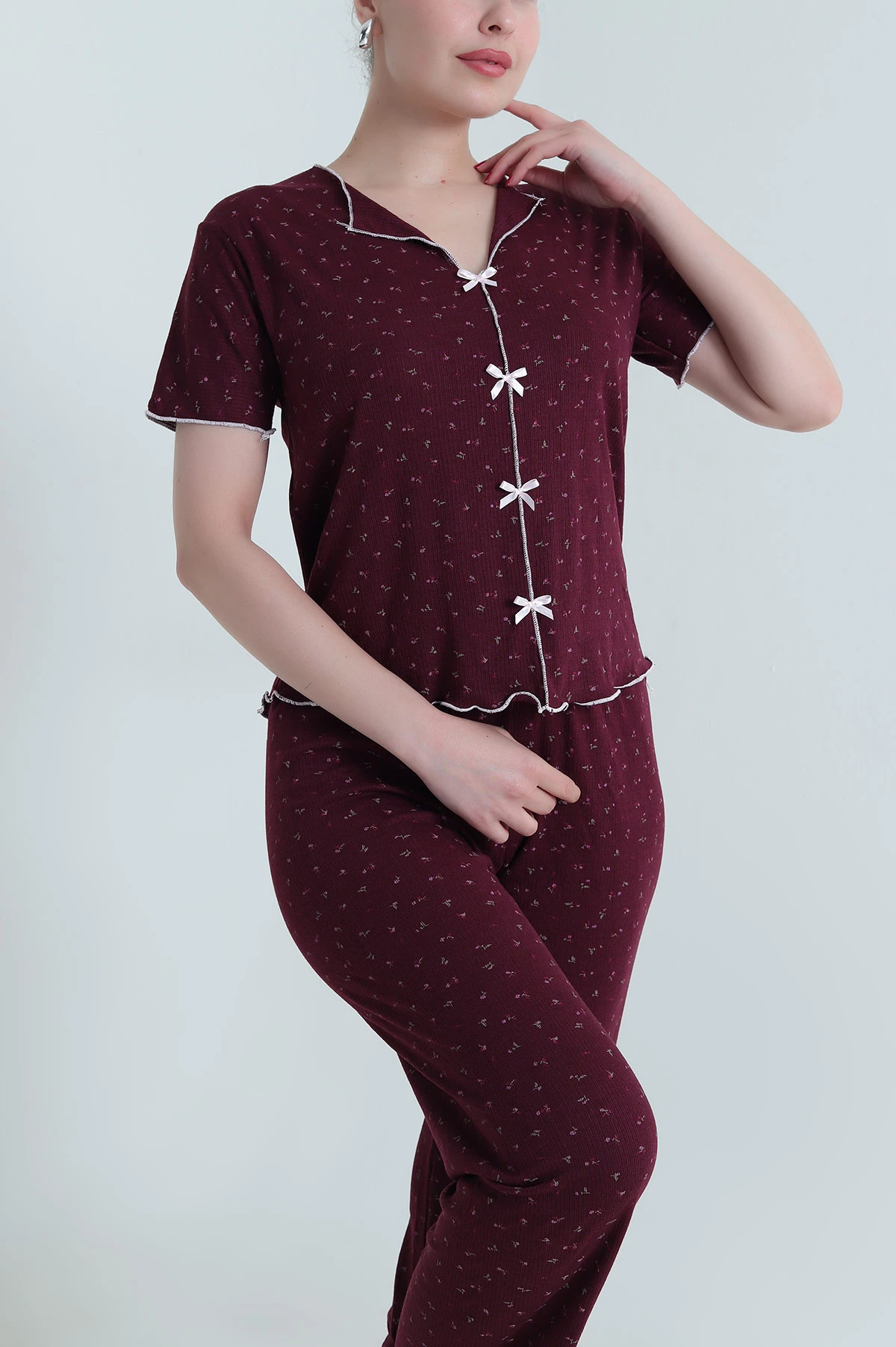 Bordo Kurdela Tasarım Kadın Pijama Takımı 467879