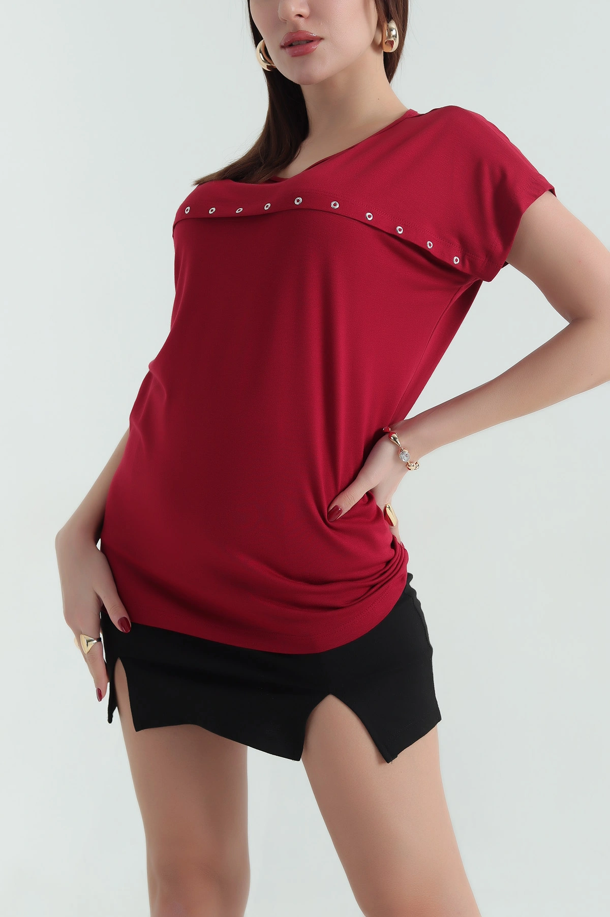 Bordo Kuş Gözlü Viskon Bluz 335904
