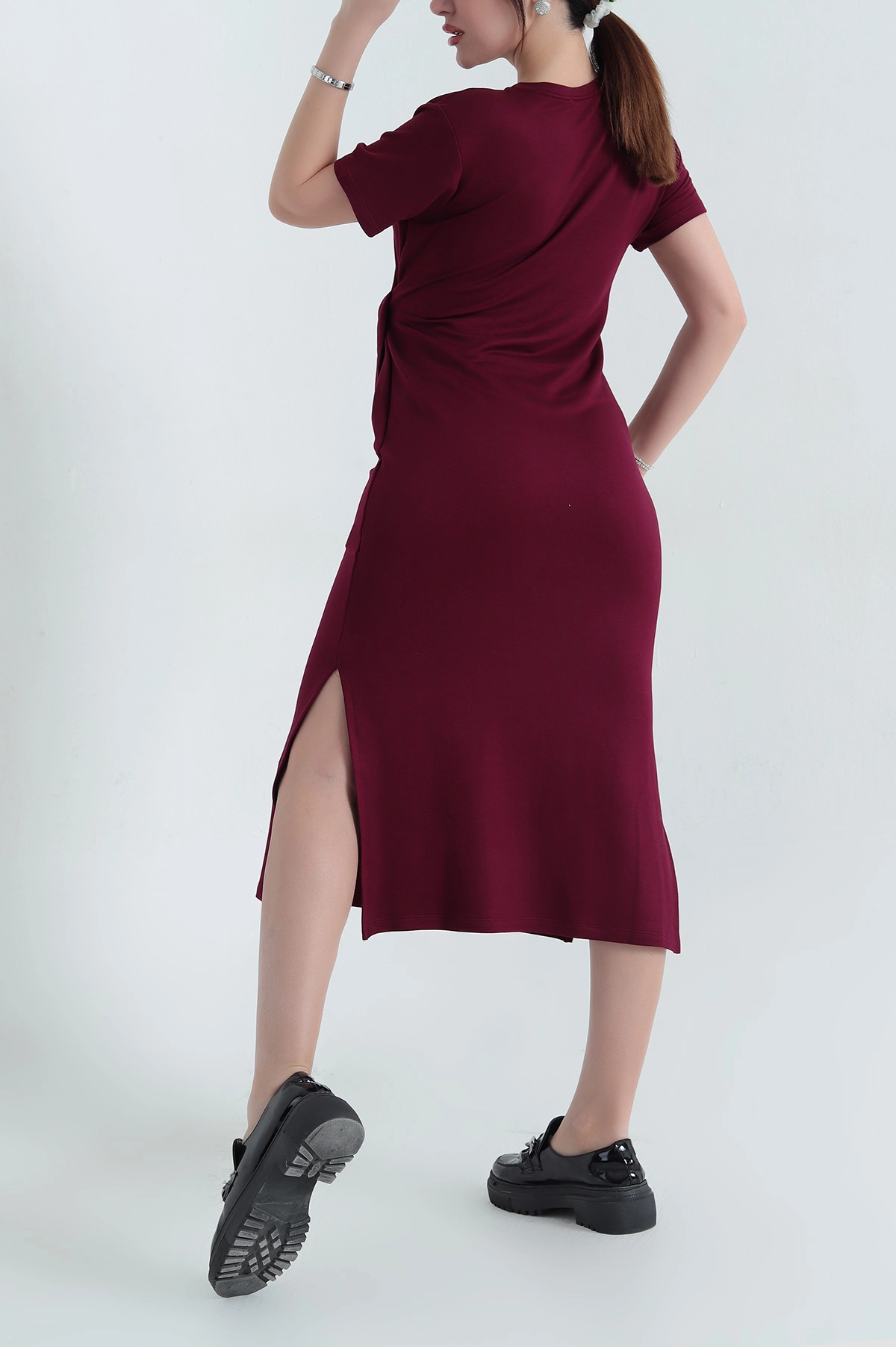 Bordo Kuşak Detay Kristal Elbise 337798