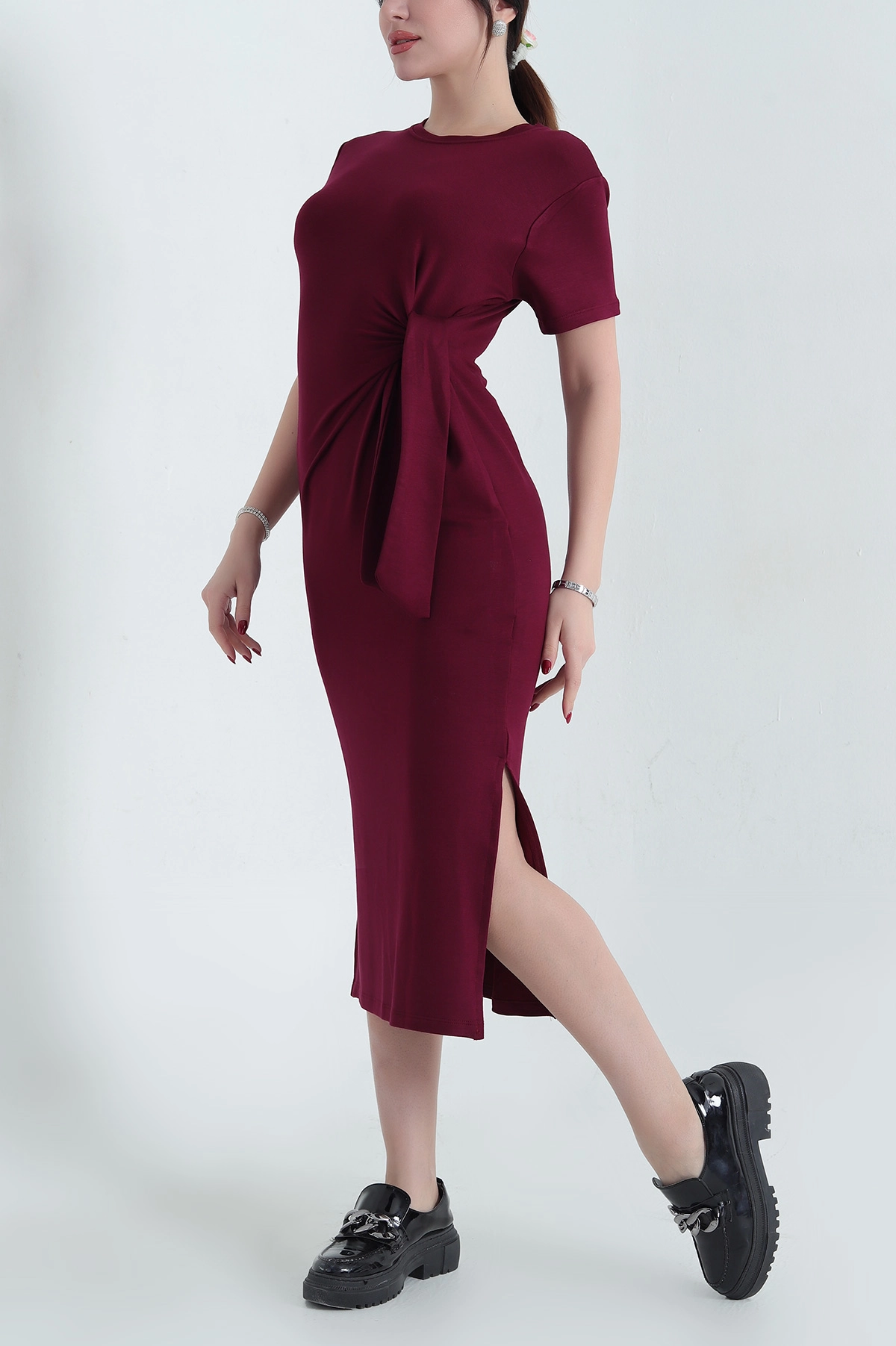 Bordo Kuşak Detay Kristal Elbise 337798