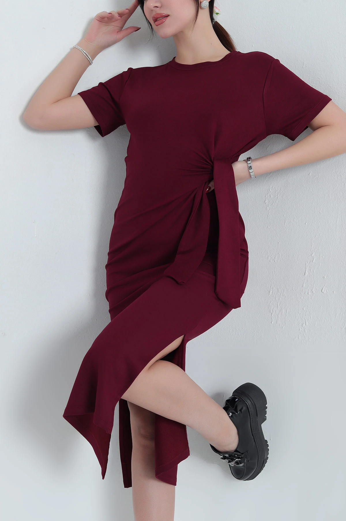 Bordo Kuşak Detay Kristal Elbise 337798