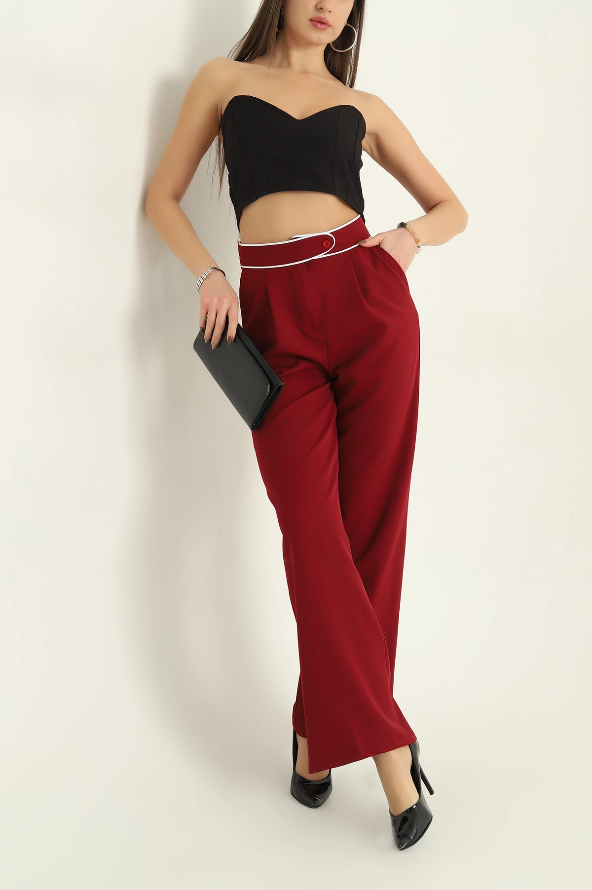 Bordo Kuşak Tasarım Dabıl Bayan Pantolon 329574
