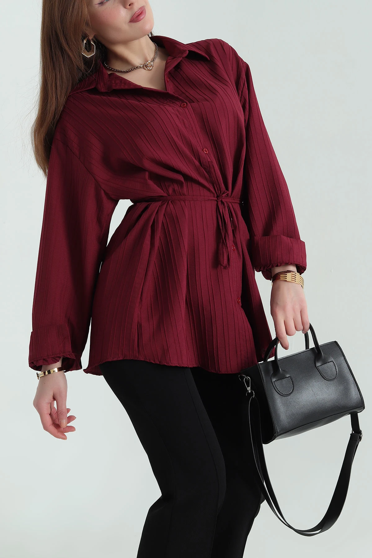 Bordo Kuşaklı Dokuma Krinkıl Gömlek Tunik 333958