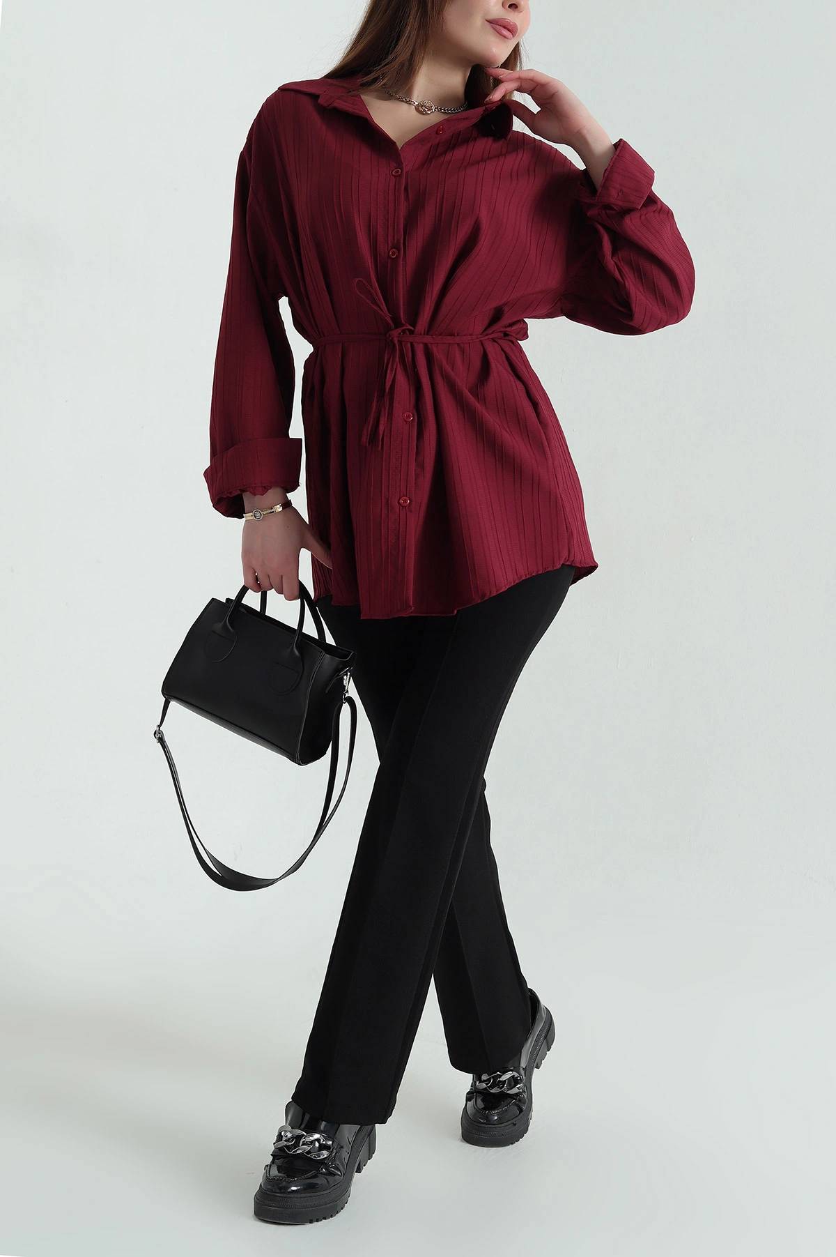 Bordo Kuşaklı Dokuma Krinkıl Gömlek Tunik 333958
