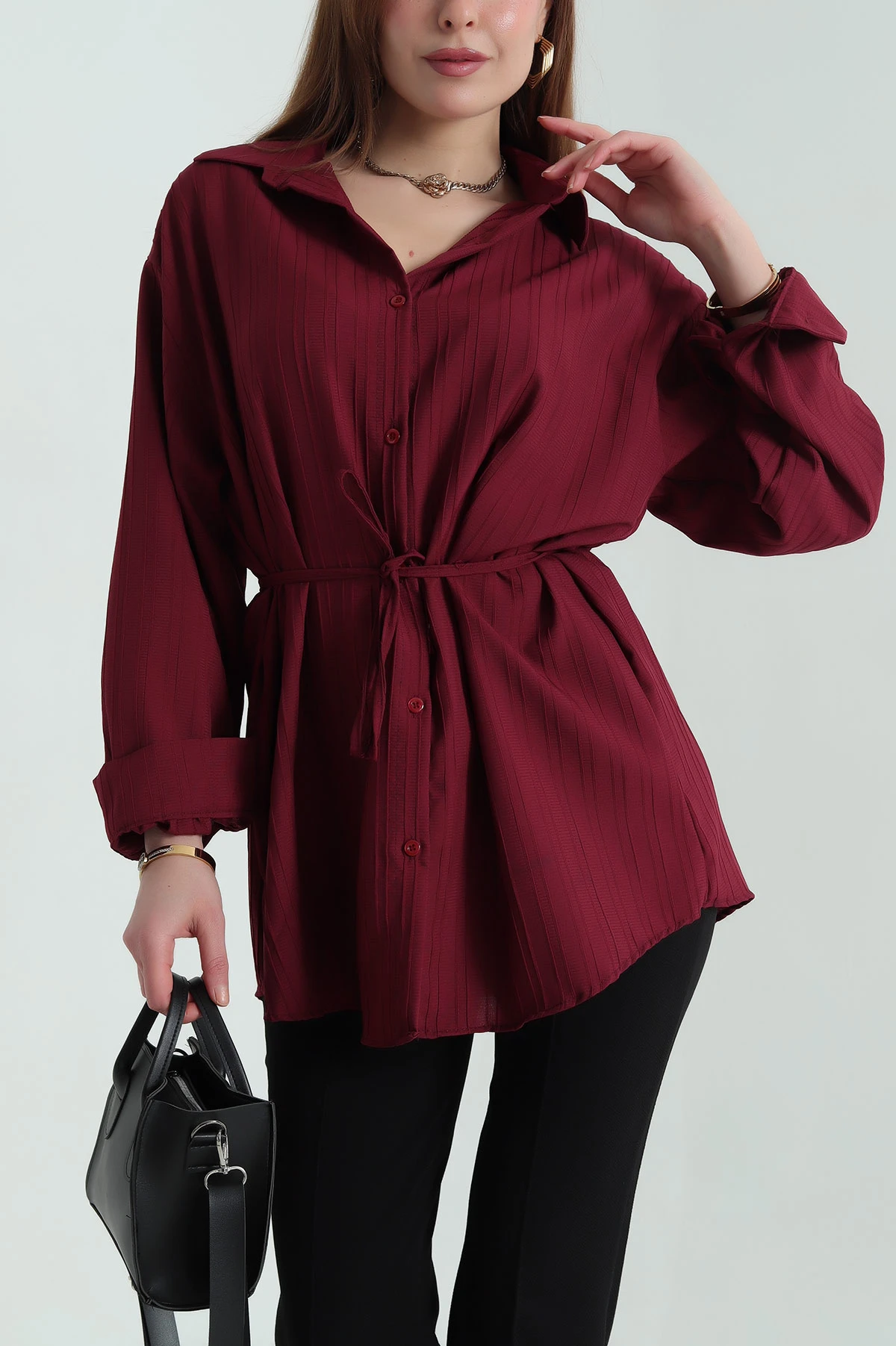 Bordo Kuşaklı Dokuma Krinkıl Gömlek Tunik 333958