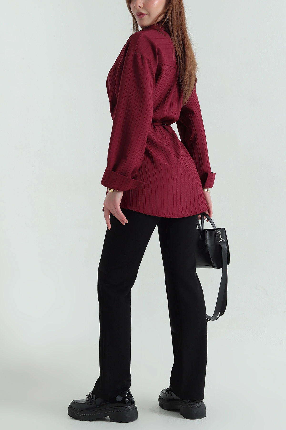 Bordo Kuşaklı Dokuma Krinkıl Gömlek Tunik 333958