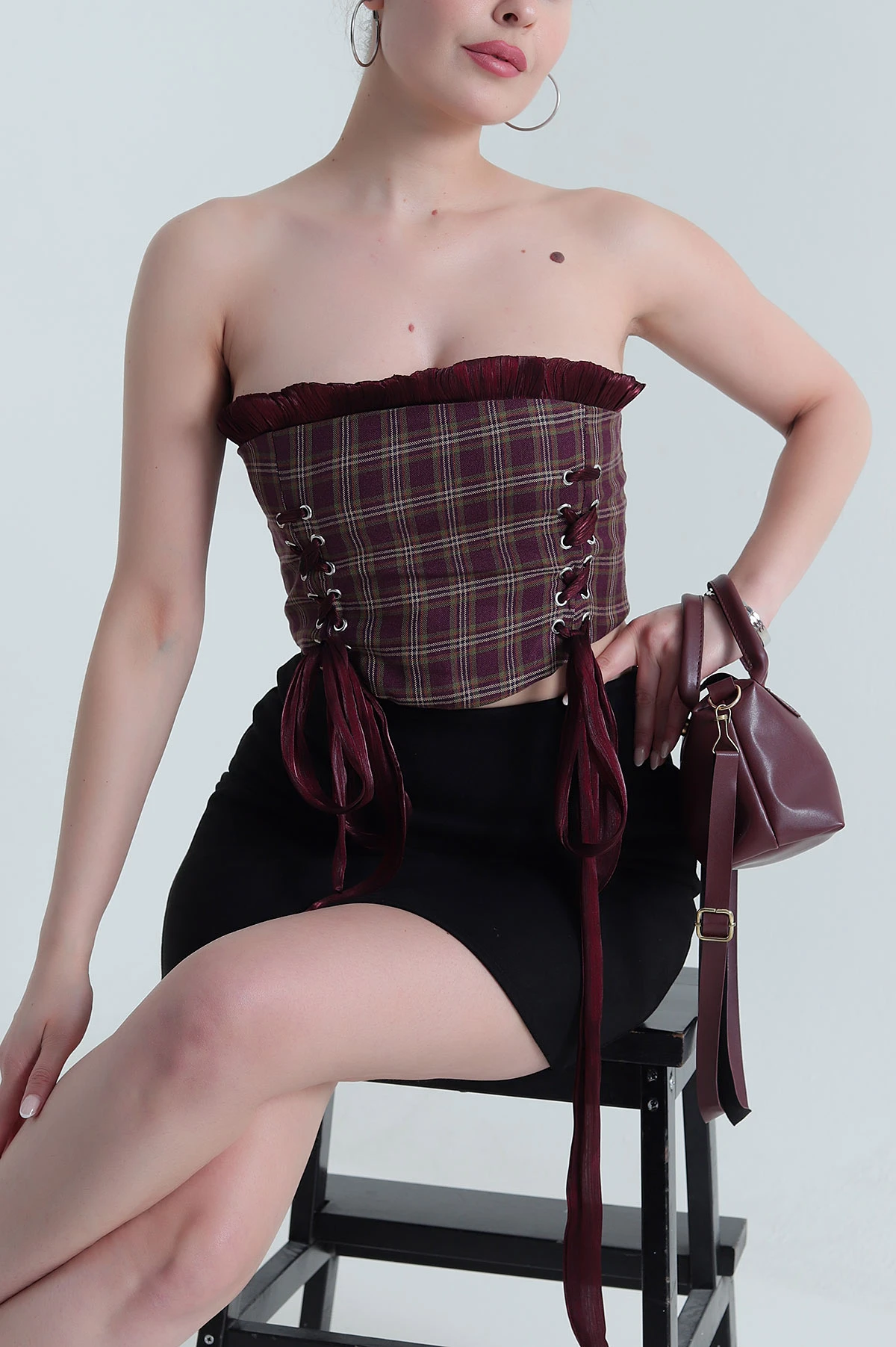 Bordo Laress Check Ekose Kadın Büstiyer 474434