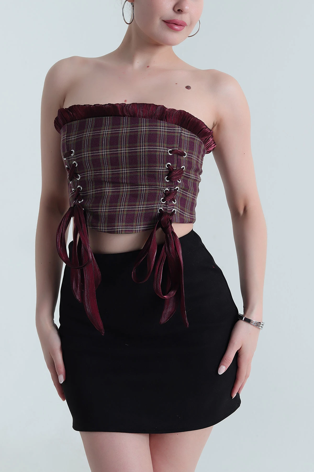 Bordo Laress Check Ekose Kadın Büstiyer 474434