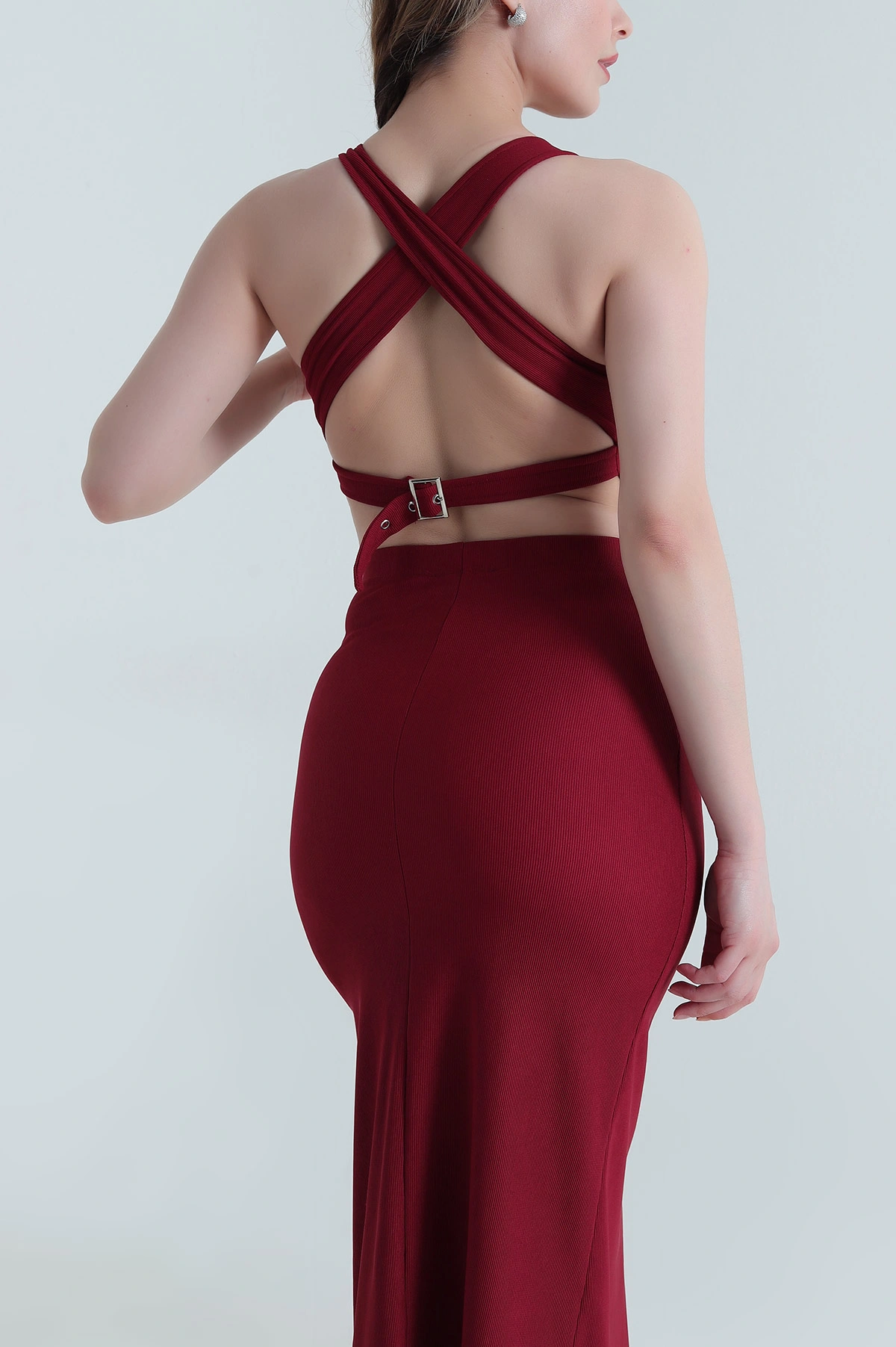 Bordo Likralı Askılı Ottoman Kadın Elbise 465546