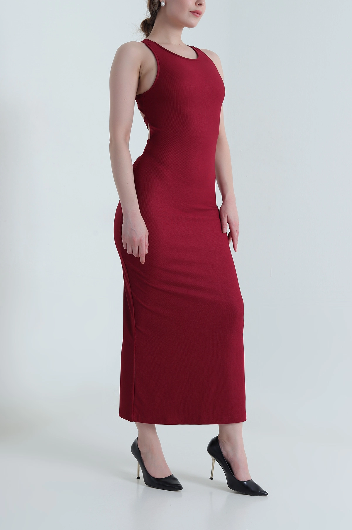 Bordo Likralı Askılı Ottoman Kadın Elbise 465546