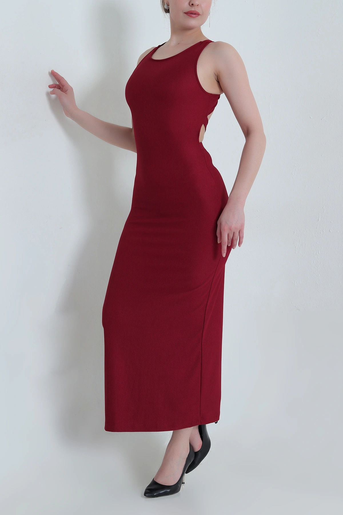 Bordo Likralı Askılı Ottoman Kadın Elbise 465546
