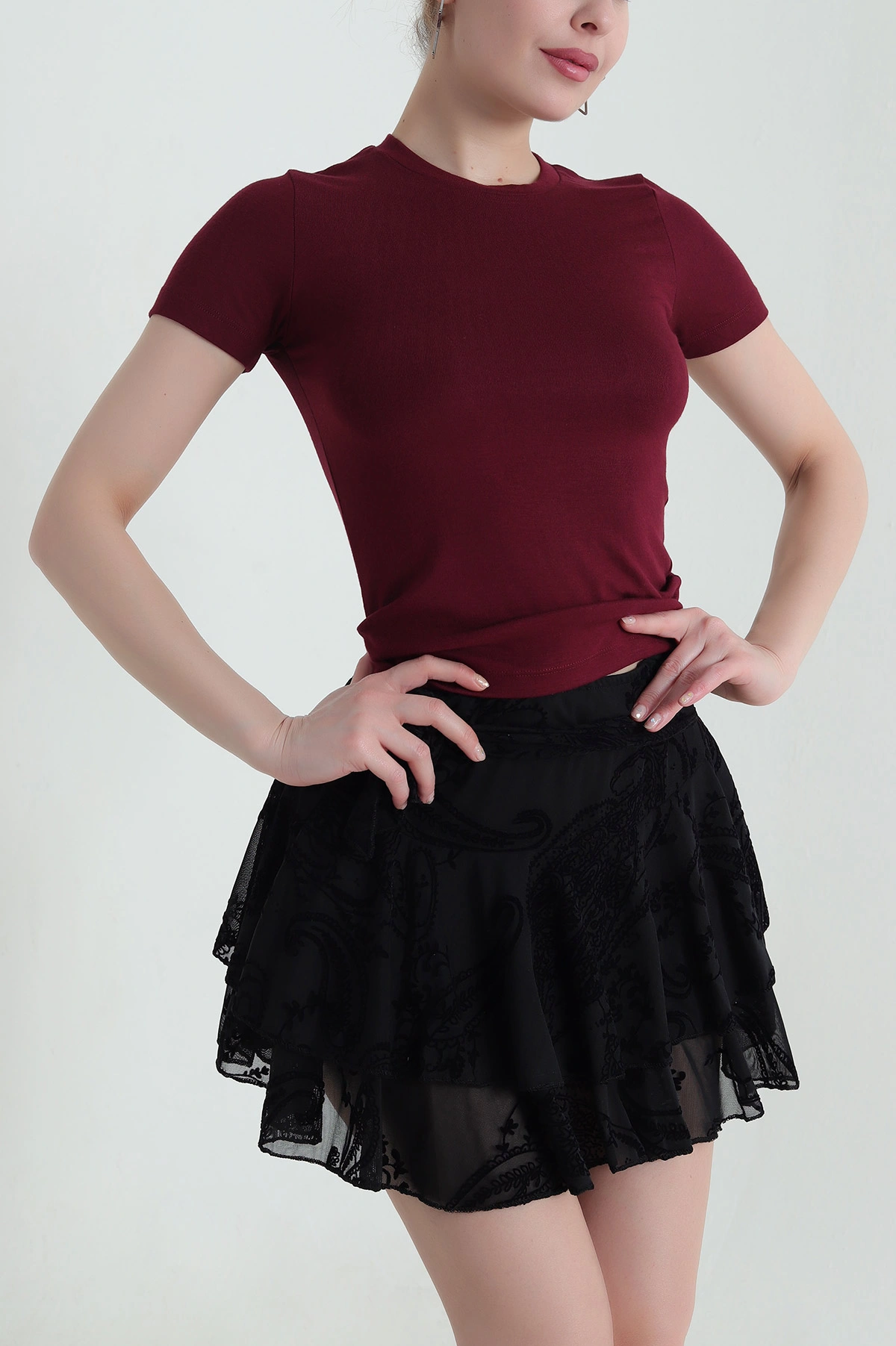 Bordo Likralı Bisiklet Yaka Pamuk Kadın Bluz 433679