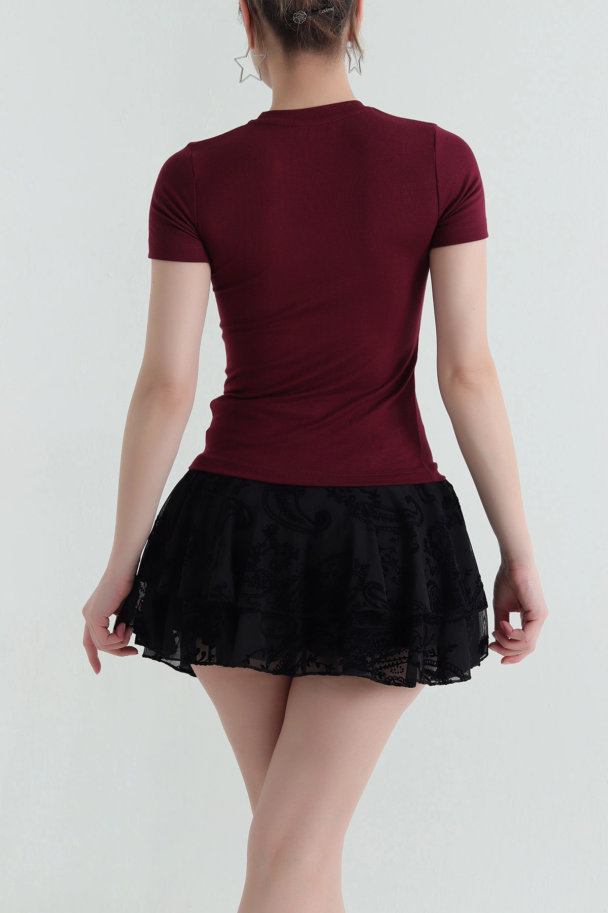 Bordo Likralı Bisiklet Yaka Pamuk Kadın Bluz 433679