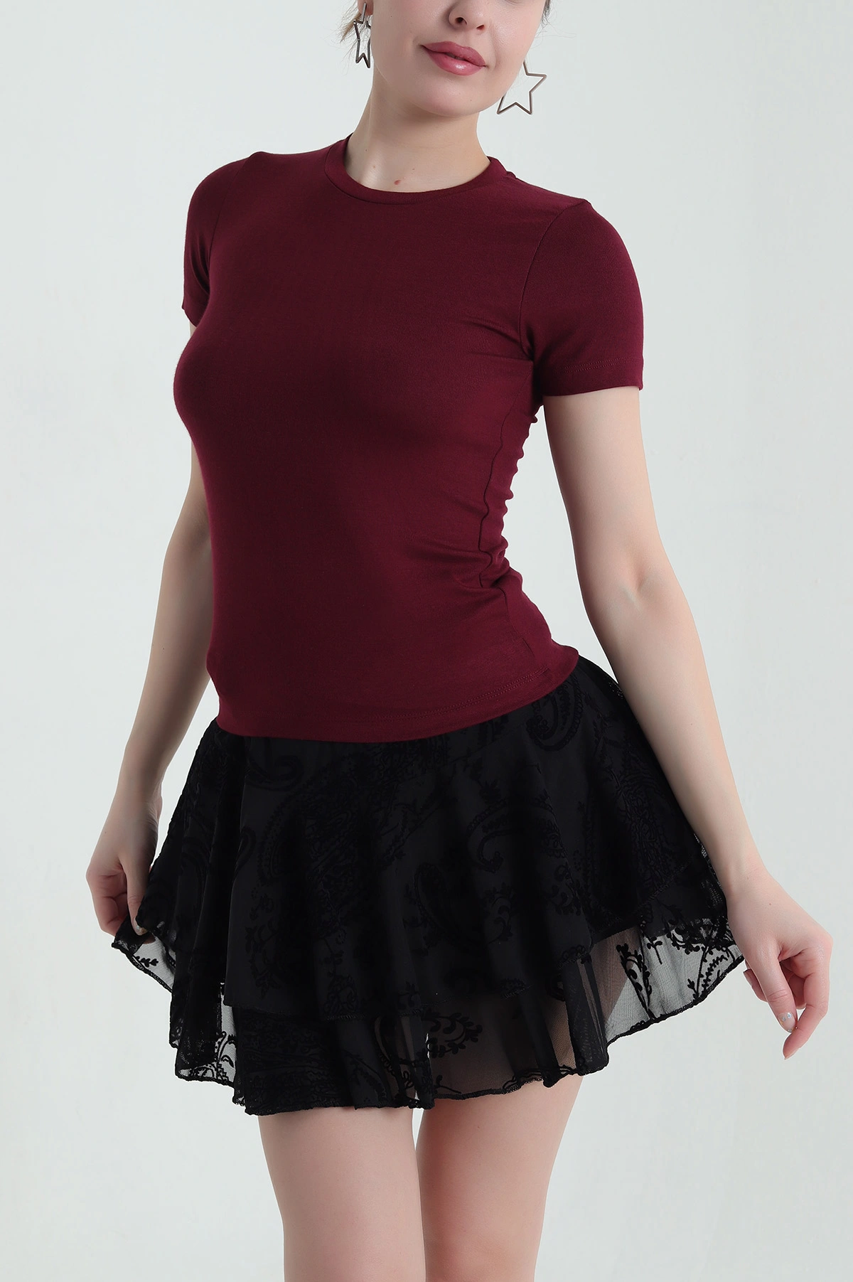 Bordo Likralı Bisiklet Yaka Pamuk Kadın Bluz 433679