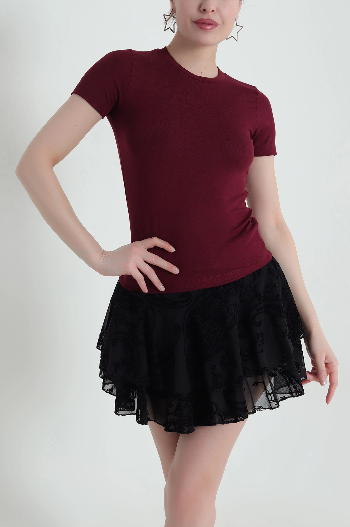 Bordo Likralı Bisiklet Yaka Pamuk Kadın Bluz 433679